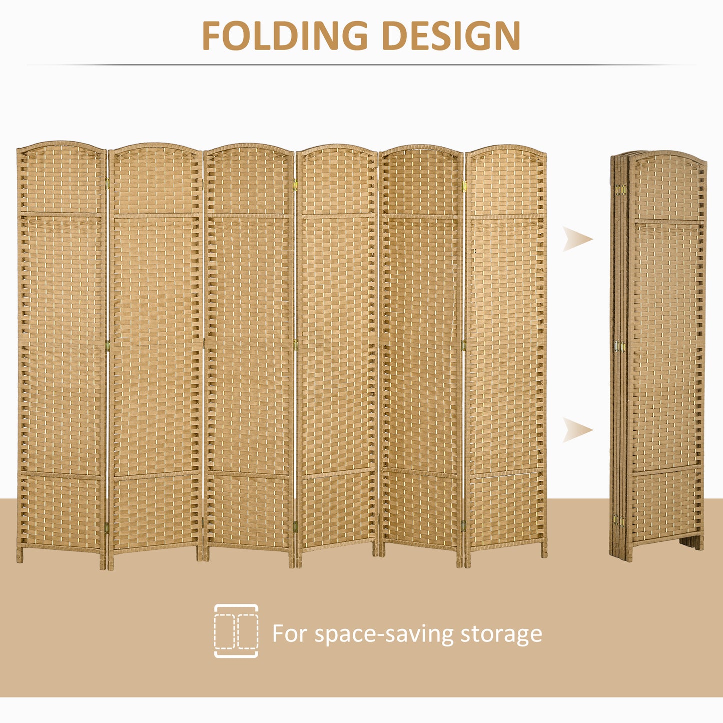 Beige woven room divider panels curved top shown unfolded and folded