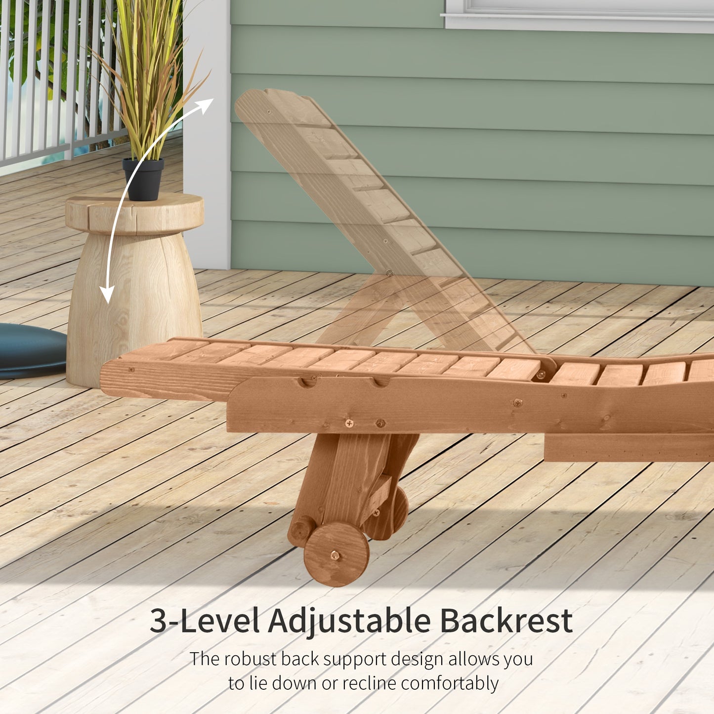 Wooden chaise lounge with a level adjustable backrest