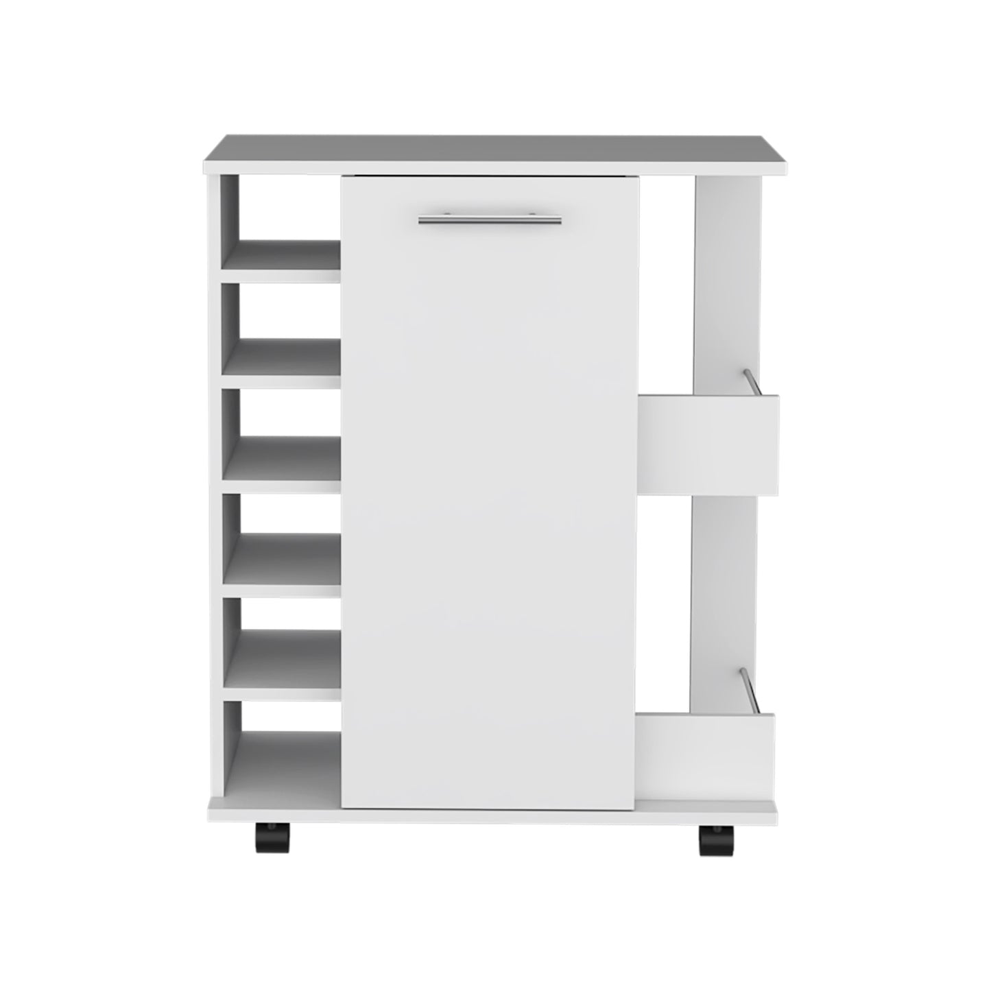 White kitchen island cart with a sliding door and six open shelves