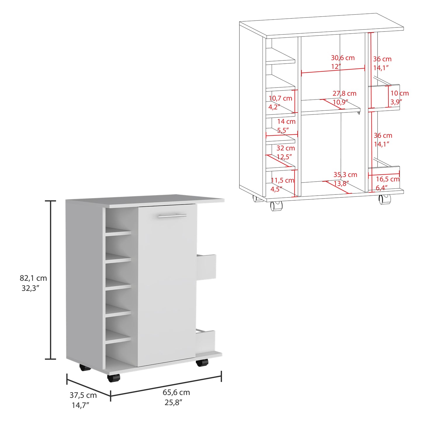 White rolling kitchen cart with multiple shelves and a drawer