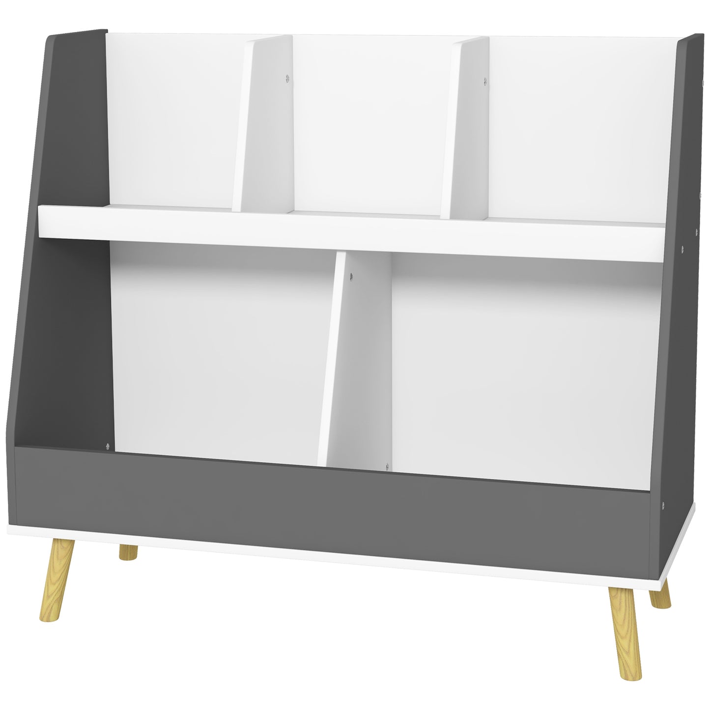 Modern grey and white multicompartment bookshelf with angled wooden legs for childrens room