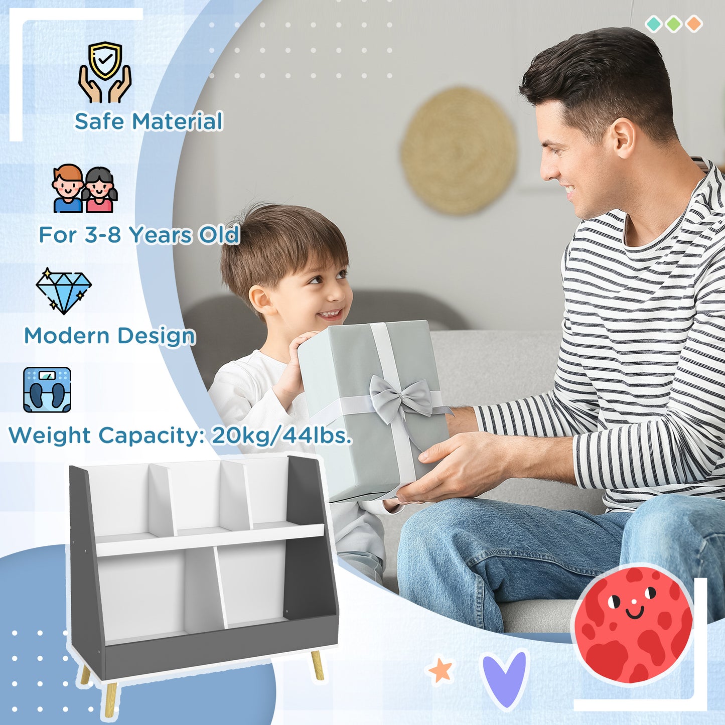 Grey and white wooden toy organizer with angled compartments and wooden legs