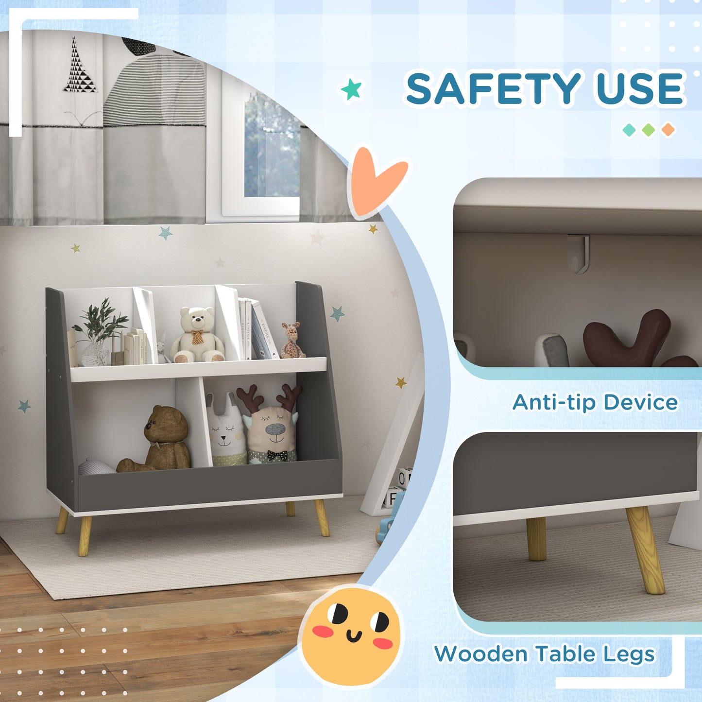 Dark gray modern bookshelf with white shelves and wooden legs perfect for kids rooms