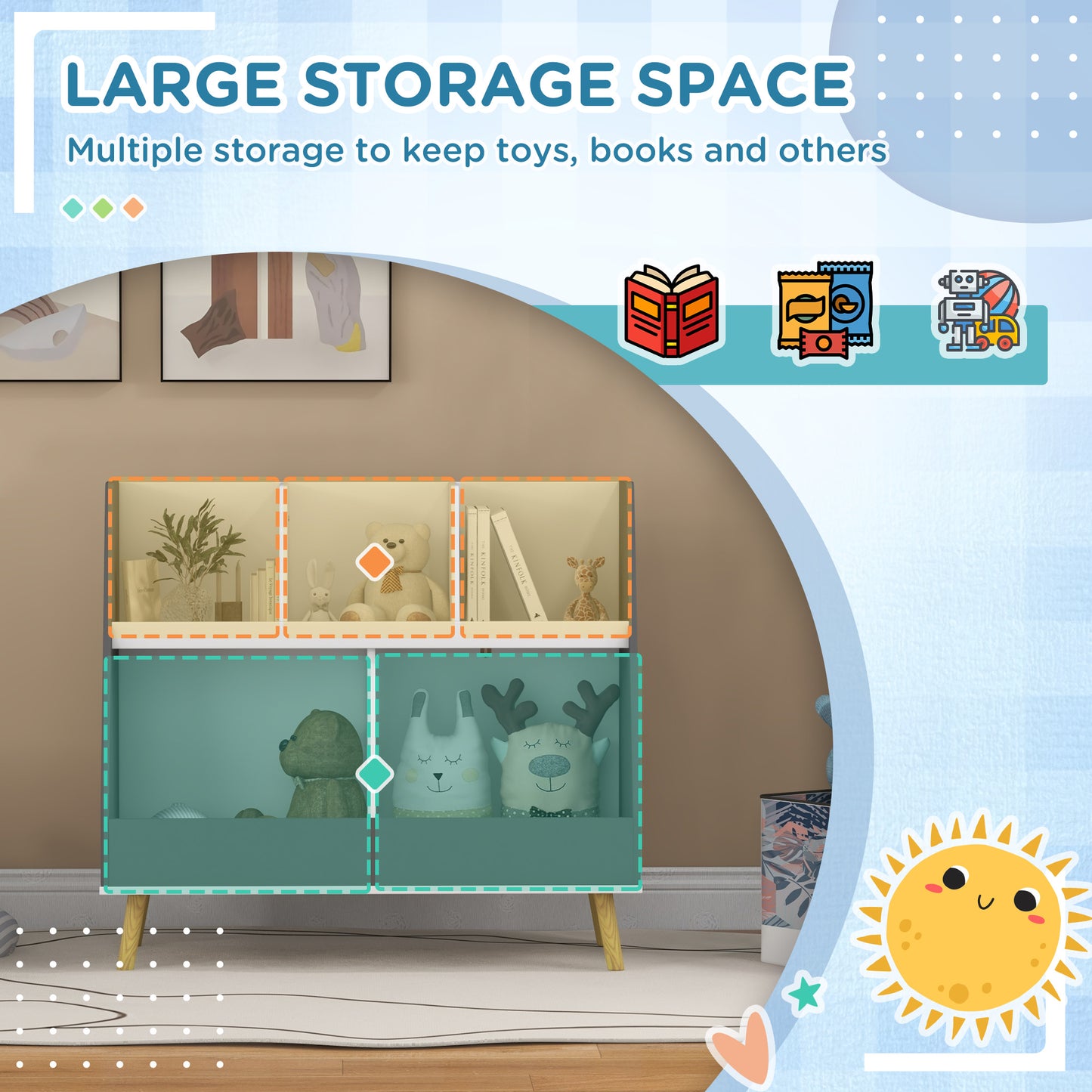 Twotier teal toy storage unit with wooden legs and assorted plush toys