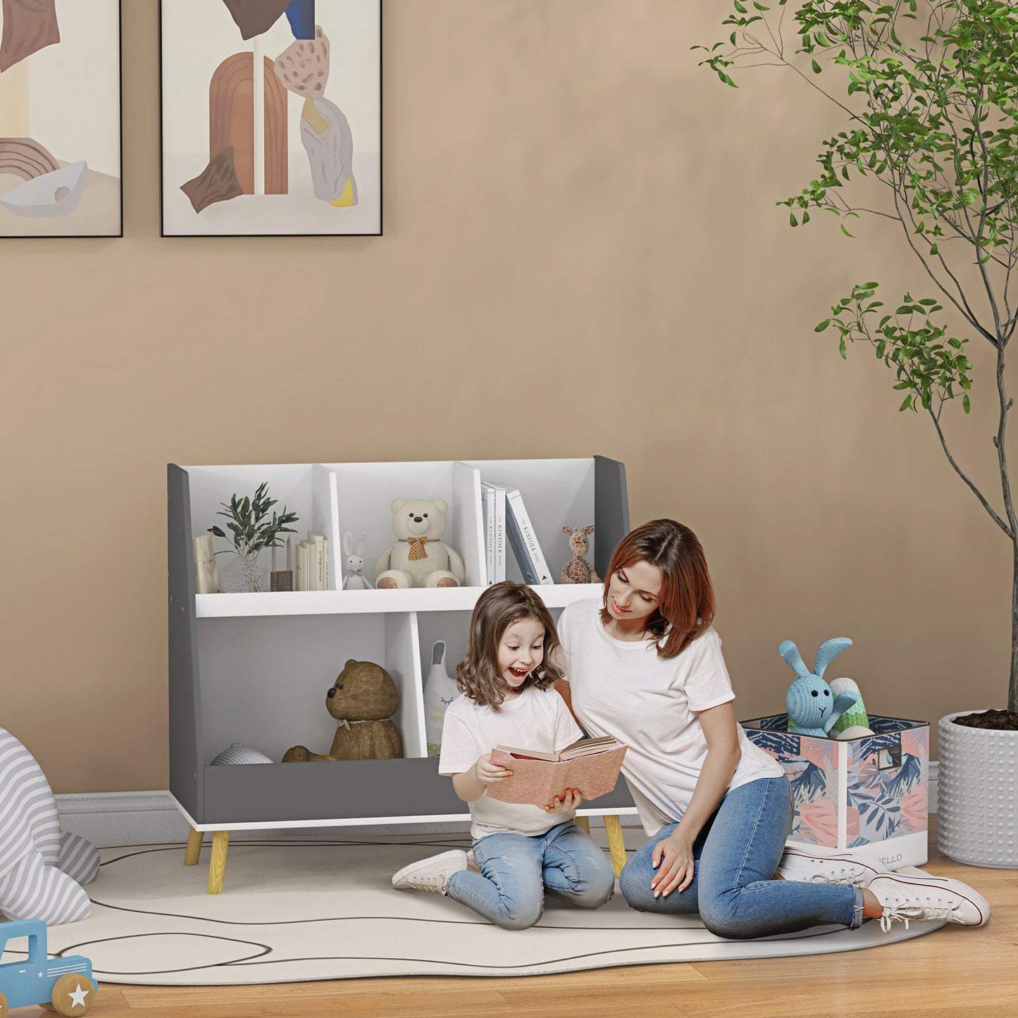 Gray and white cube bookshelf filled with toys and books perfect for kids rooms