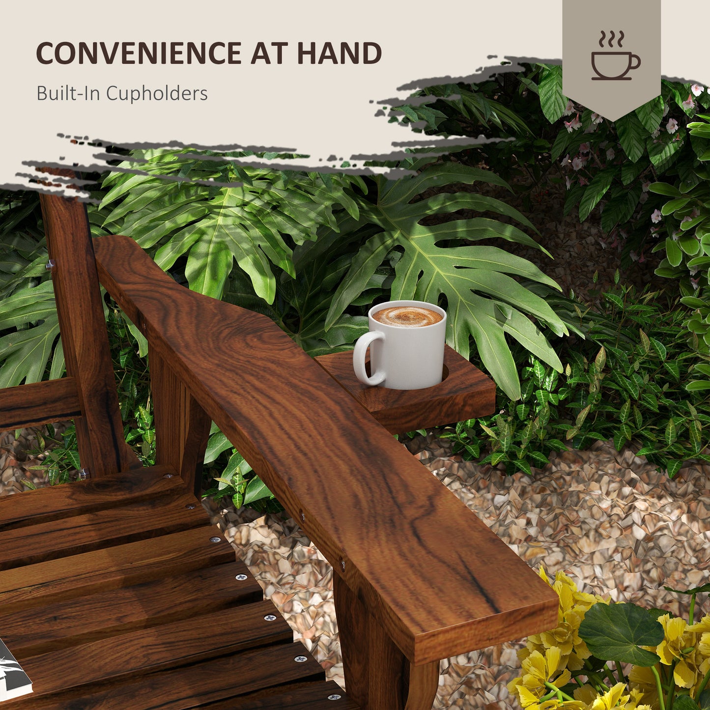Dark wood Adirondack chair with builtin cup holder on armrest holding a white coffee mug
