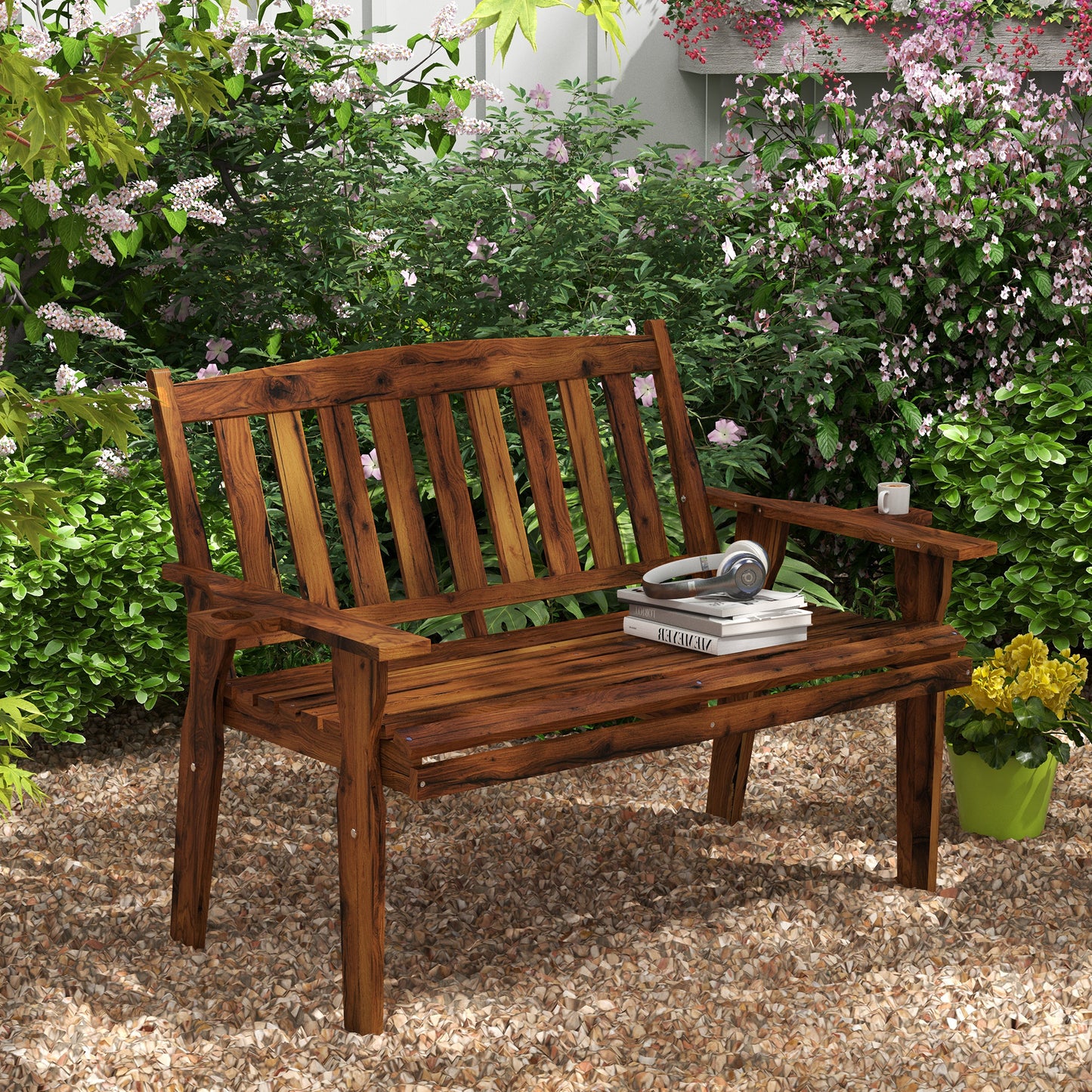 Wooden garden bench with slatted back and seat perfect for outdoor relaxation