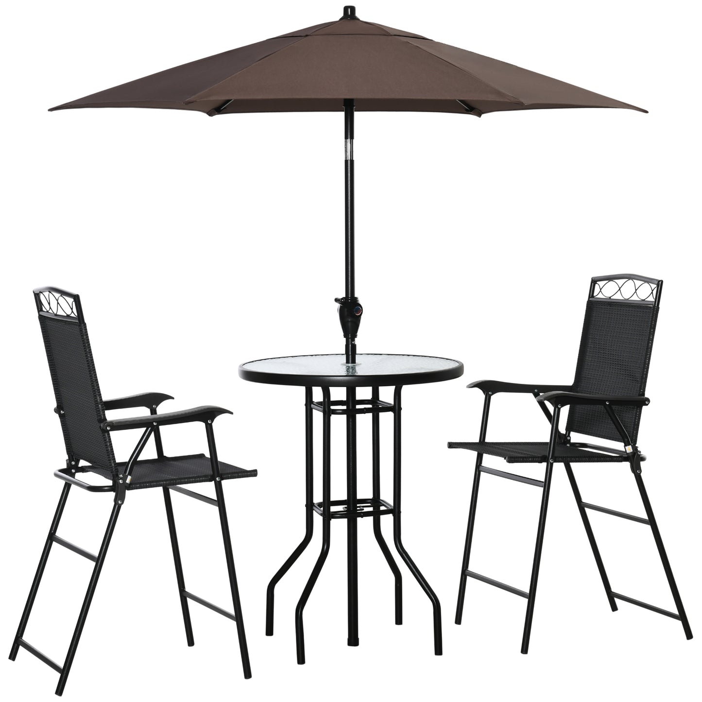 Black metal bistro set with glass table and two high chairs