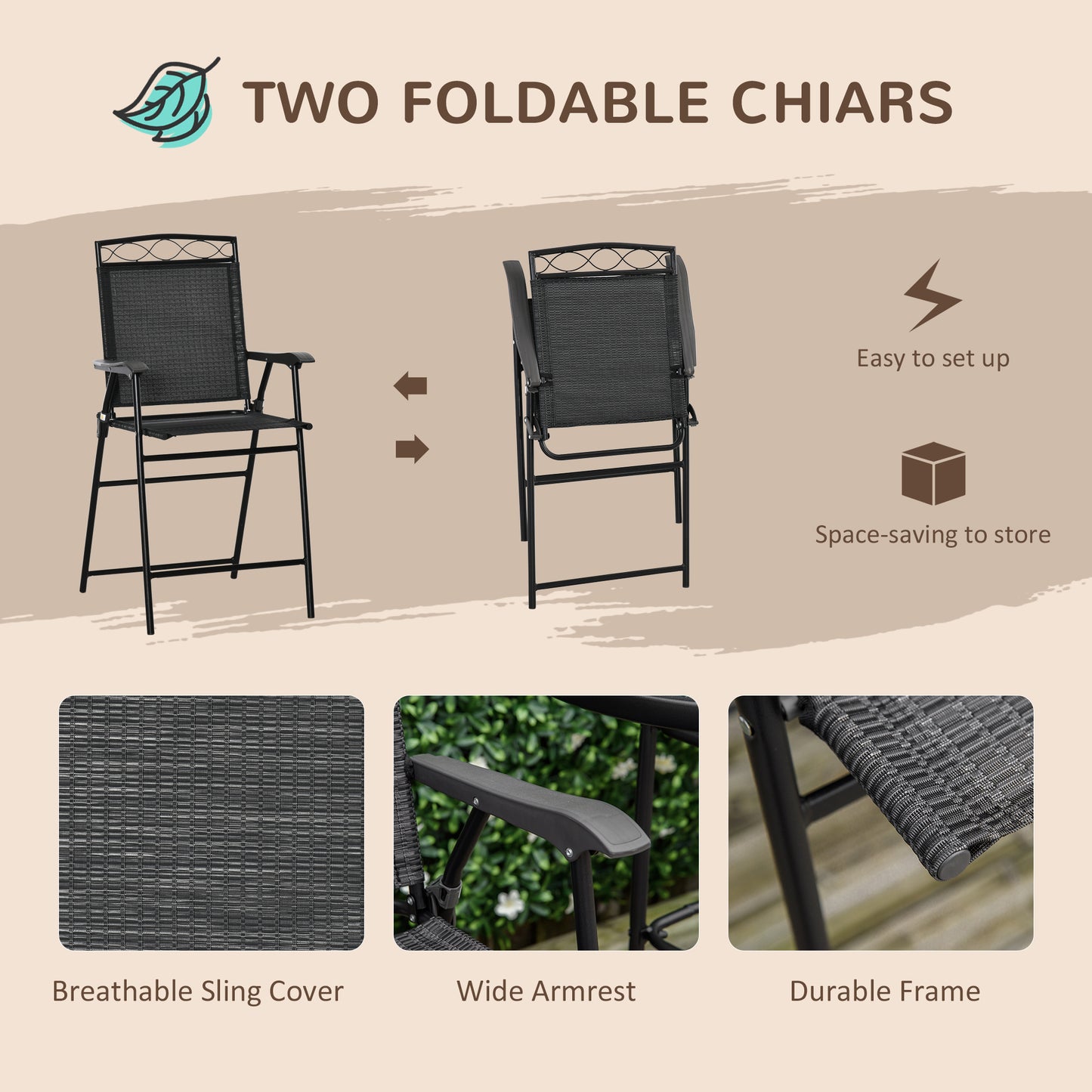 Black metal folding patio chair with breathable sling fabric and wide armrests