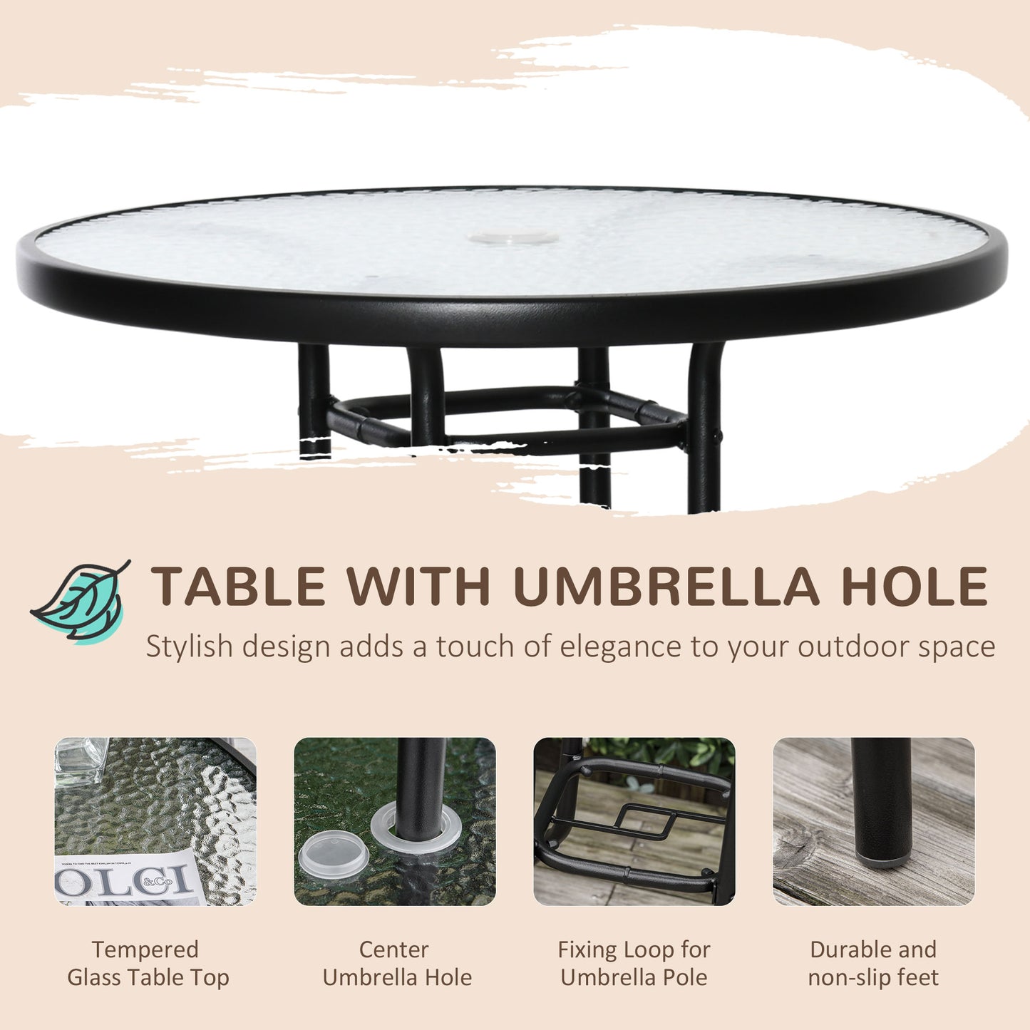 Round outdoor table with tempered glass top and black metal frame