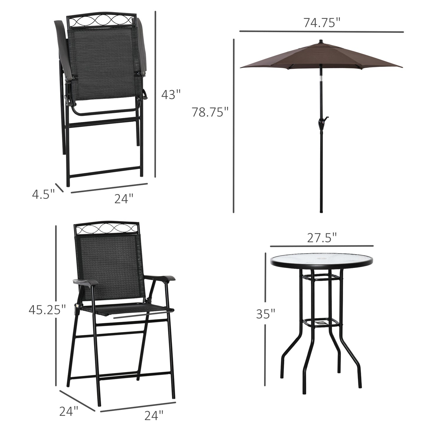 Black folding patio chair with dark gray woven seat and back dimensions shown