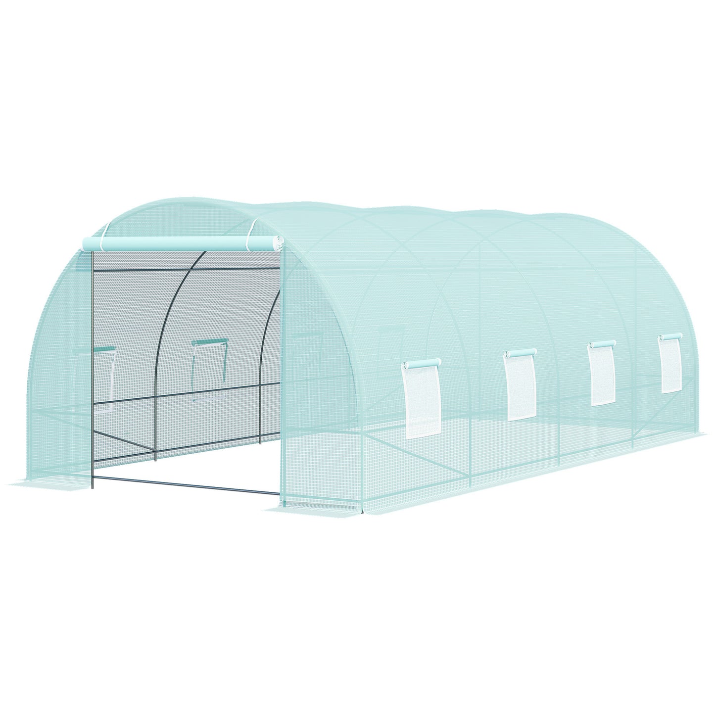 Transparent tunnel greenhouse with rollup windows for gardening