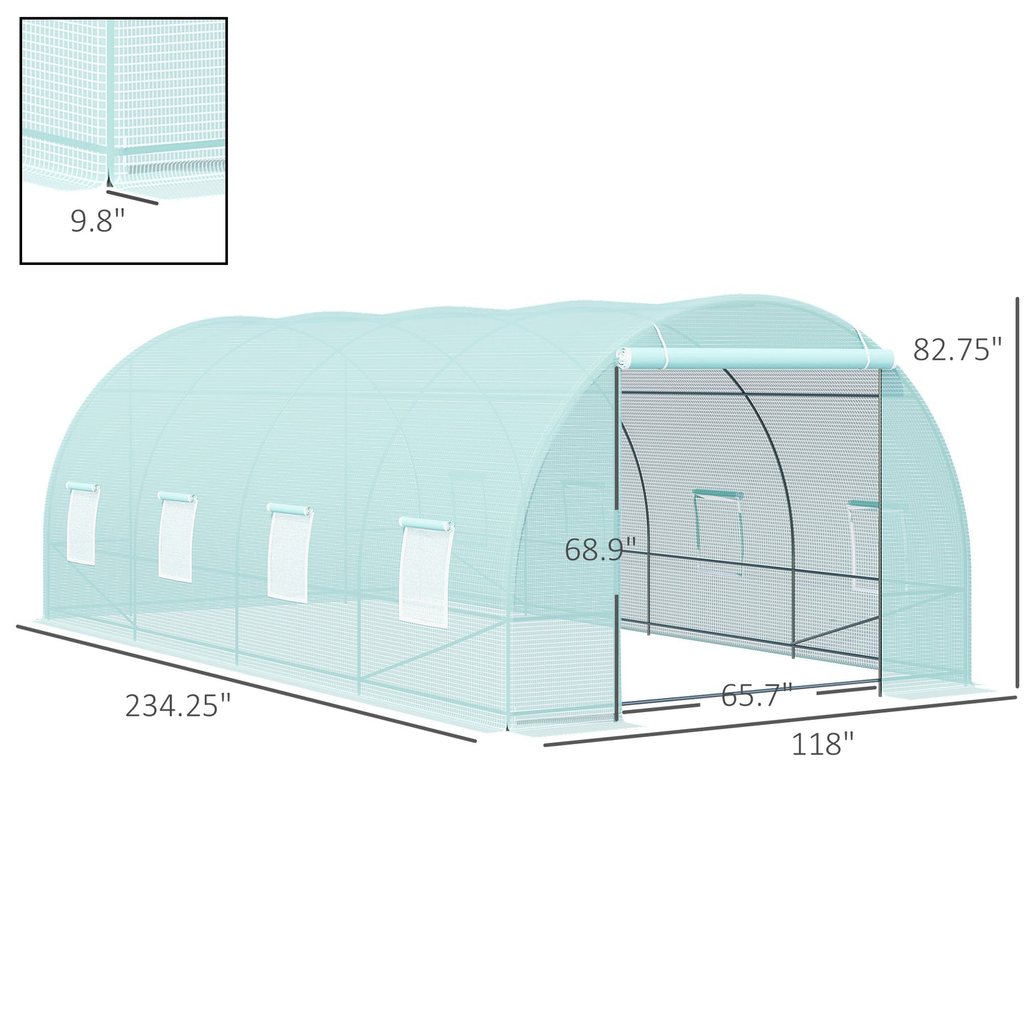Greenhouse structure with rollup windows and dimensions L x W x H