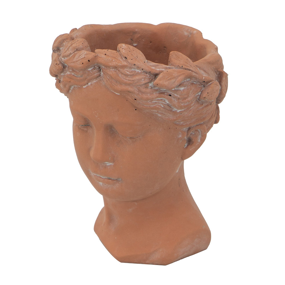 Terracotta bust planter featuring a classical female head with a laurel wreath crown