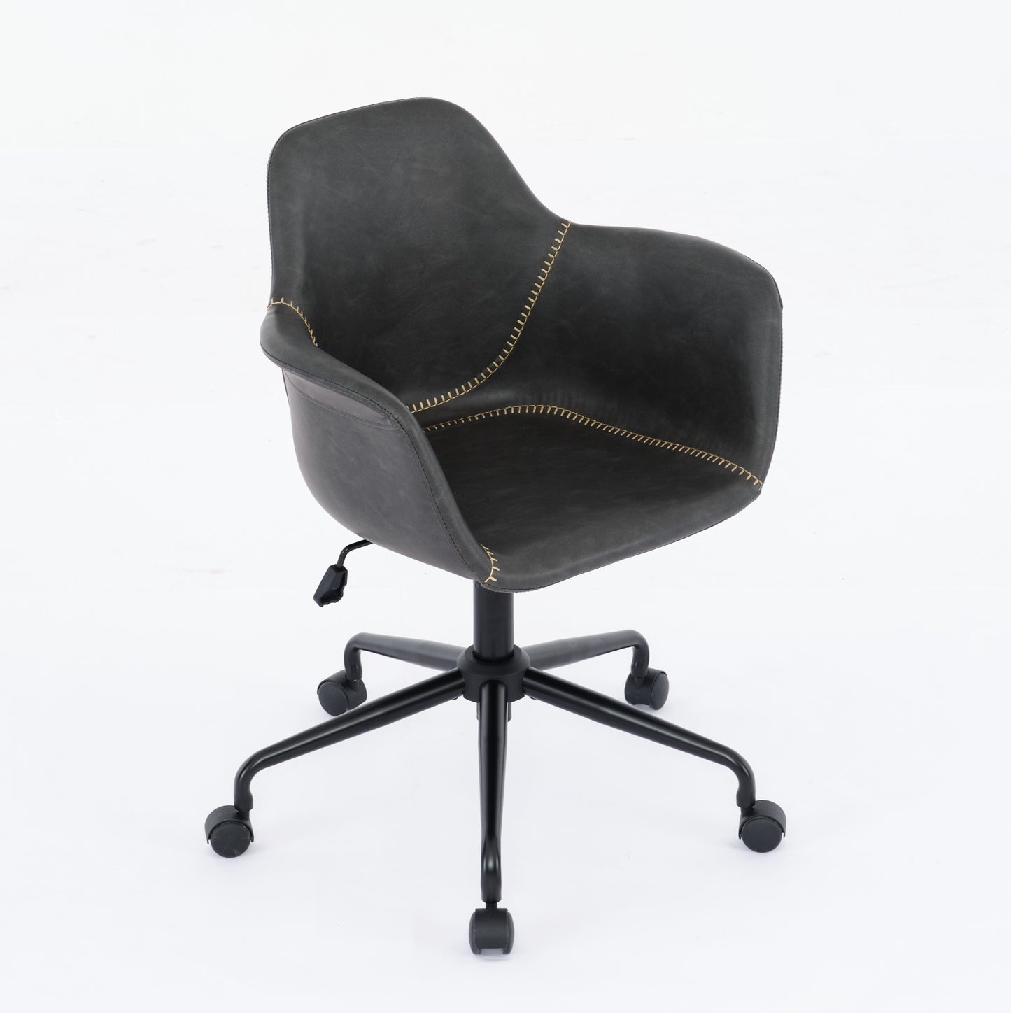 Dark grey faux leather office chair with yellow stitching detail on black casters