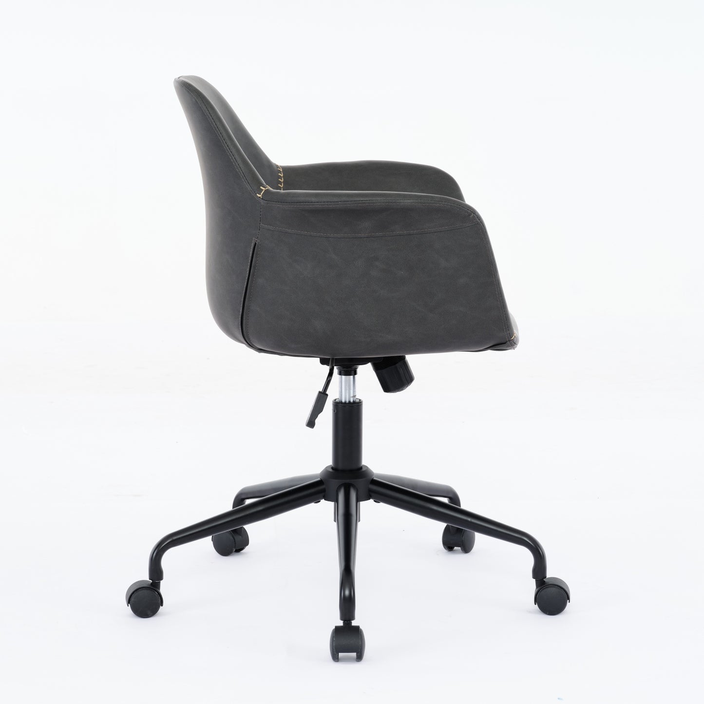 Grey upholstered office chair with stitched detail and black fivestar base with casters