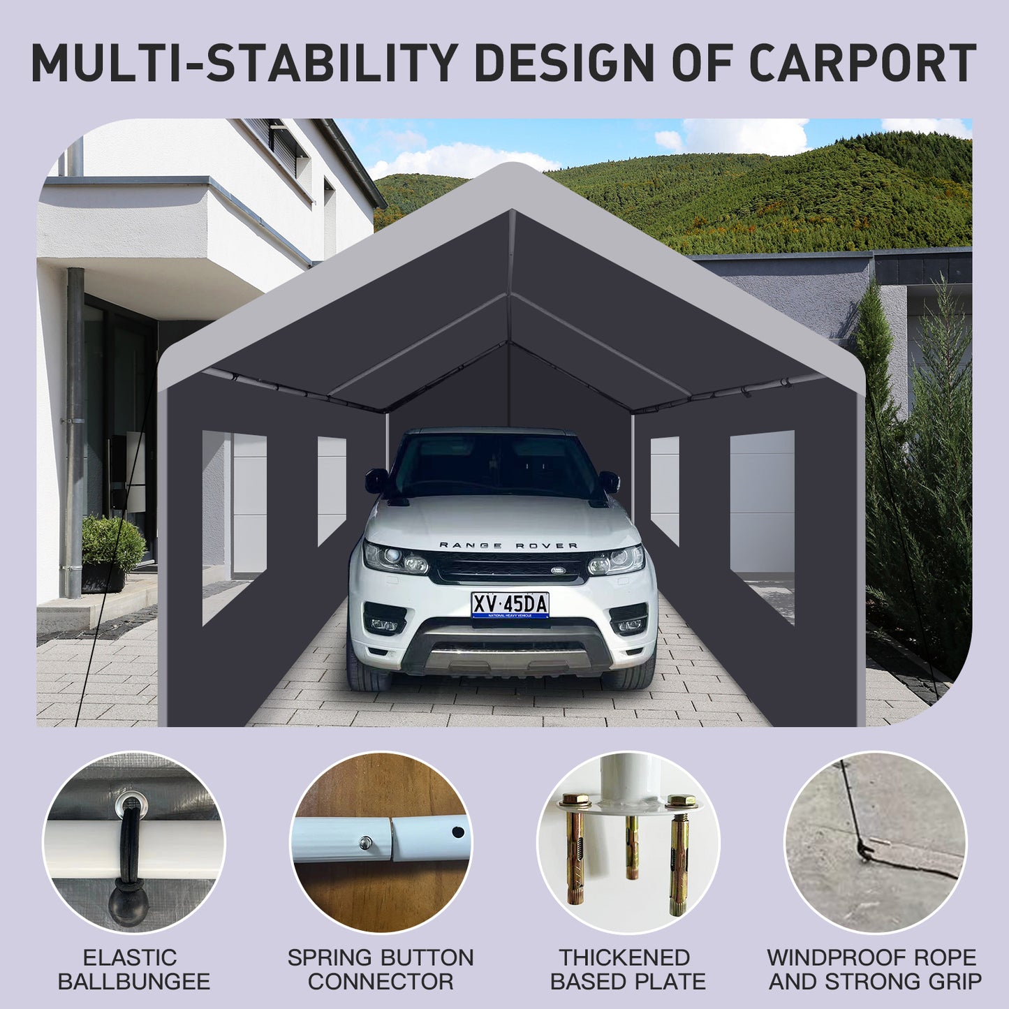 Heavyduty carport with a white Range Rover for vehicle protection from elements