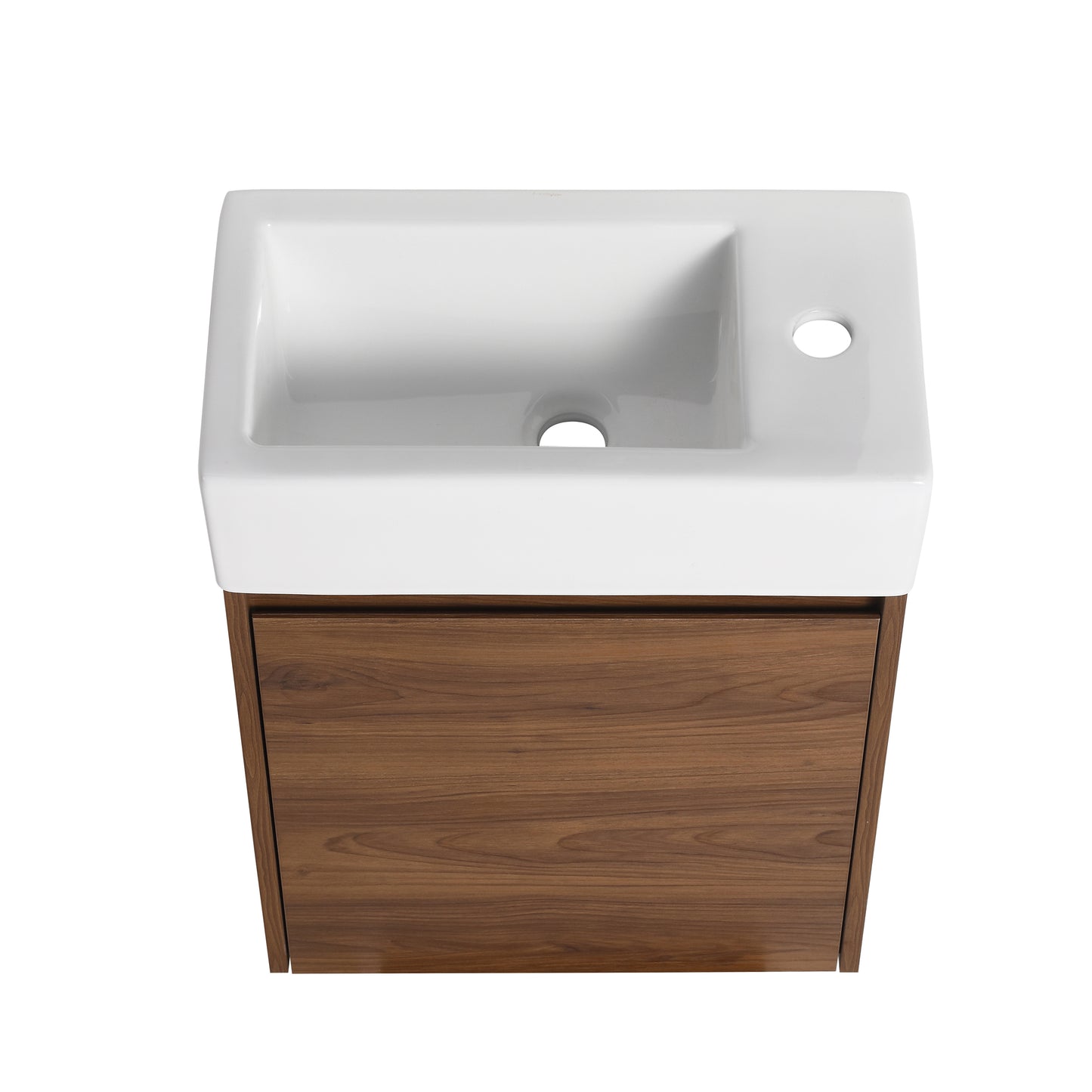 Compact white ceramic vessel sink with rich walnut vanity