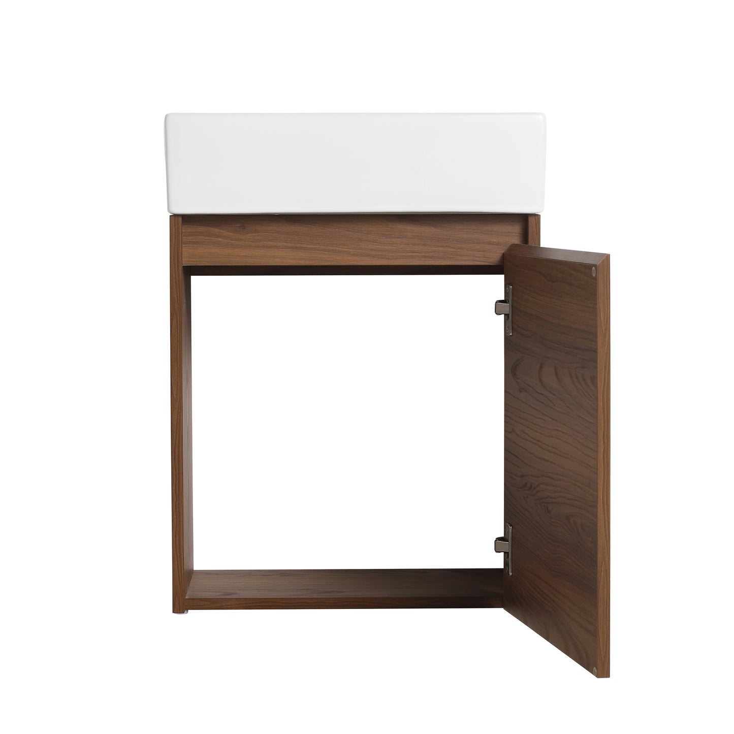 Modern walnut vanity cabinet with white ceramic sink and open door
