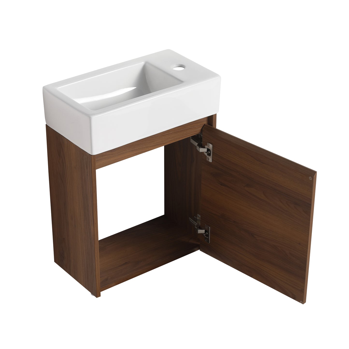 Modern white ceramic vessel sink with open walnut vanity cabinet and brushed nickel hinges