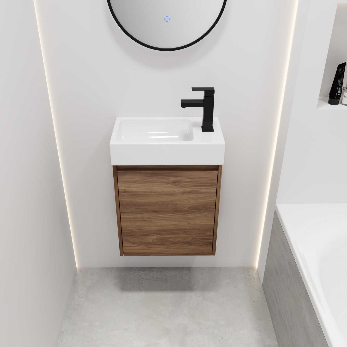 Modern wallmounted vanity with a walnut wood cabinet and white ceramic basin featuring a matte black faucet