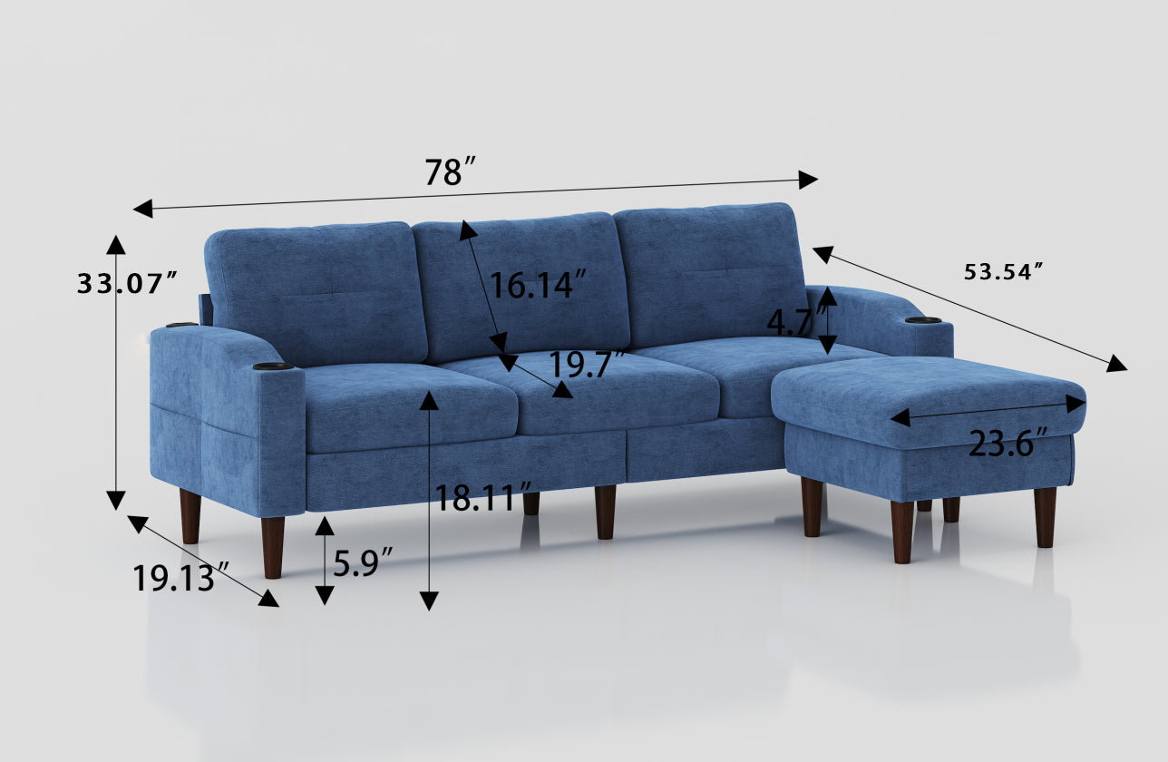 Blue upholstered sectional sofa with ottoman featuring builtin cup holders and detailed dimensions for modern living rooms