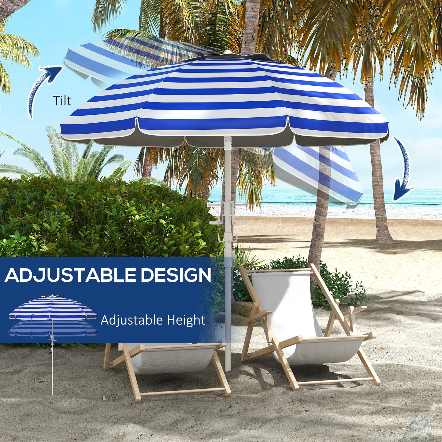 Blue and white striped beach umbrella with adjustable tilt on sand