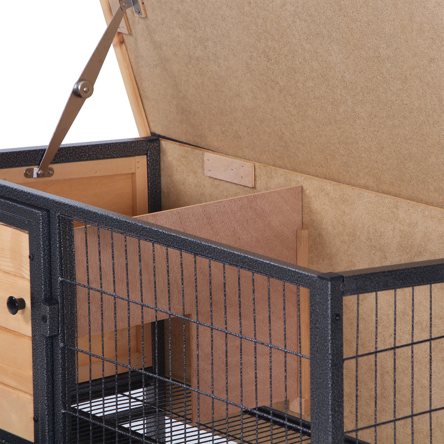 Wooden chicken coop with open lid showing interior nesting boxes