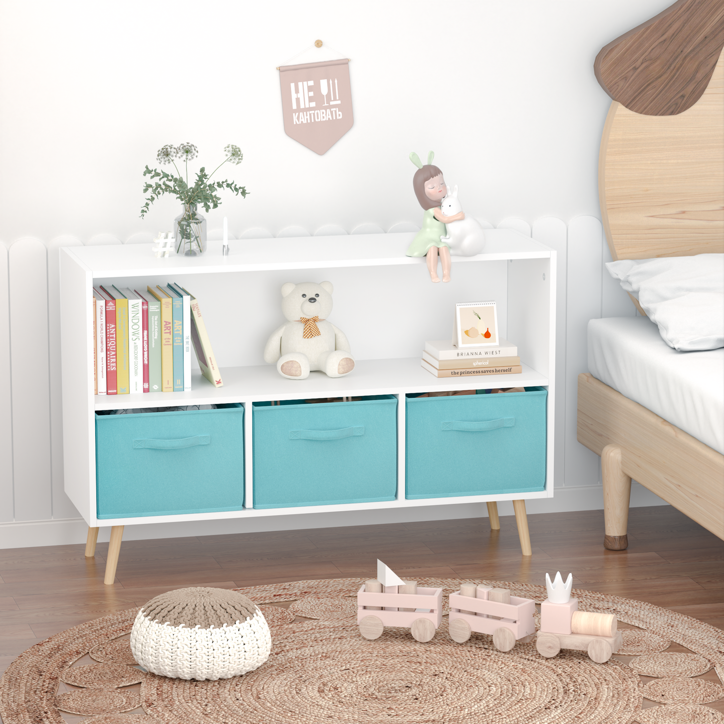 White modern bookshelf with teal fabric storage cubes and wooden legs