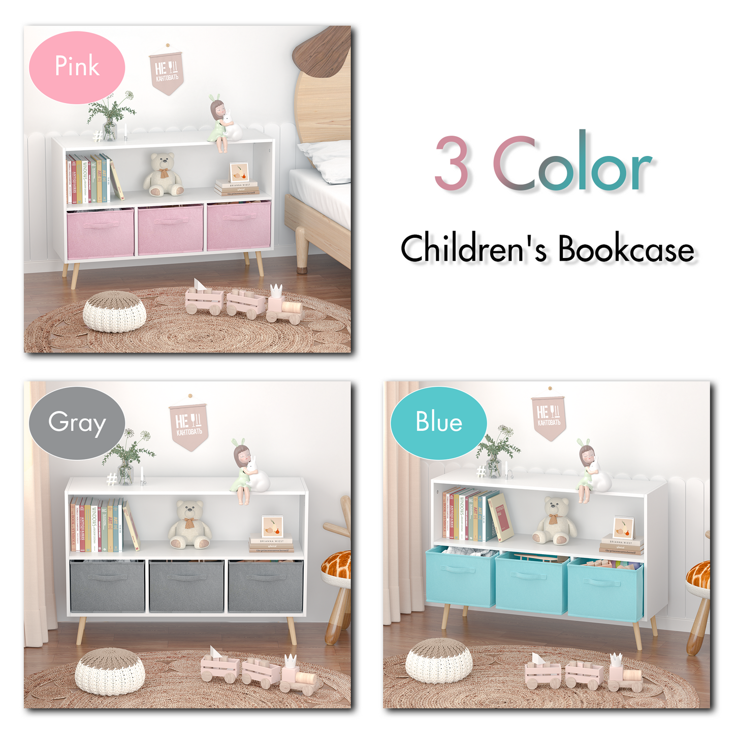 White childrens bookcase with three pink storage bins and wooden legs