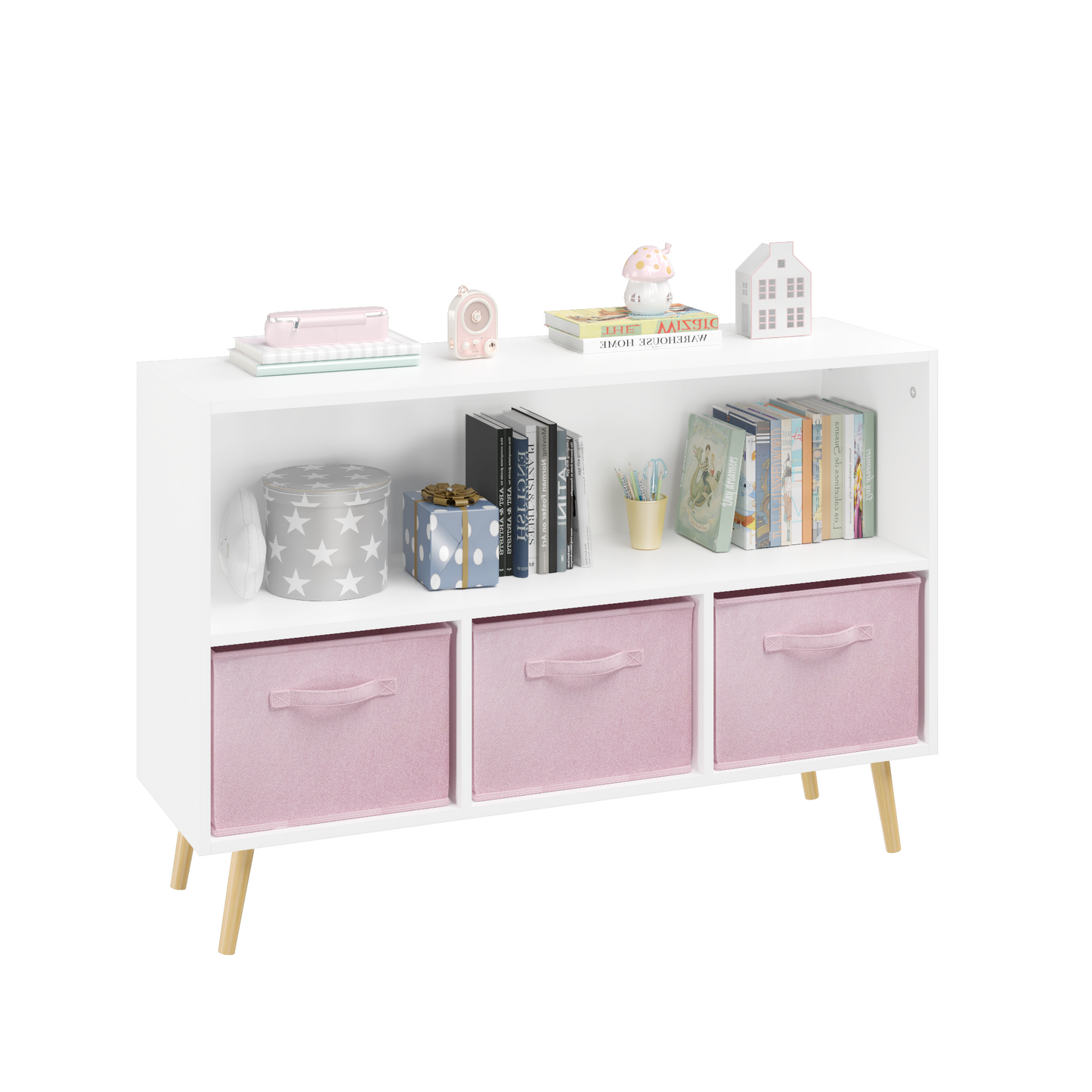 White cube bookshelf with three pink fabric drawers and wooden legs characters