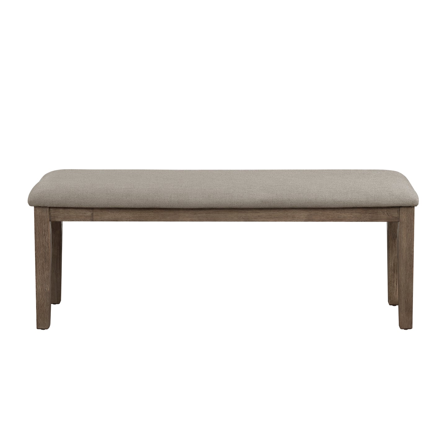 Upholstered dining bench with grey fabric seat and weathered wood frame