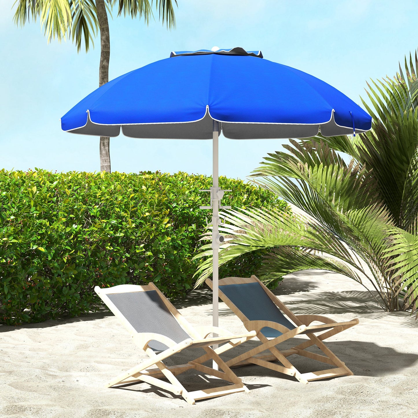 Two wooden beach chairs with blue fabric seats sit under a large blue umbrella on a sandy beach