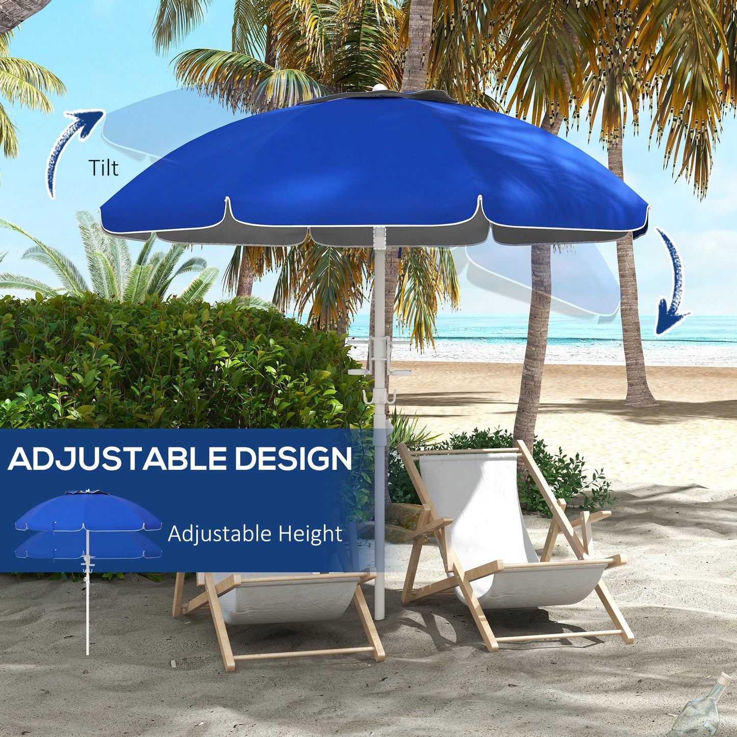 Blue beach umbrella with adjustable tilt feature for optimal shade on a sandy shore