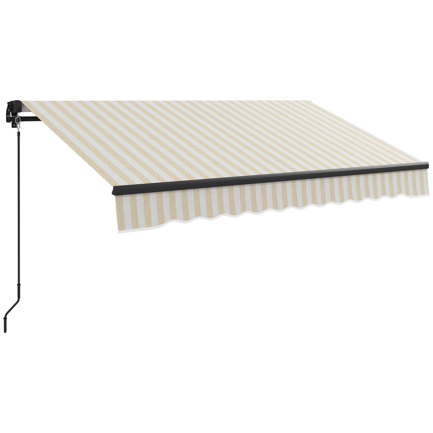 Retractable awning with beige and white stripes and scalloped edge