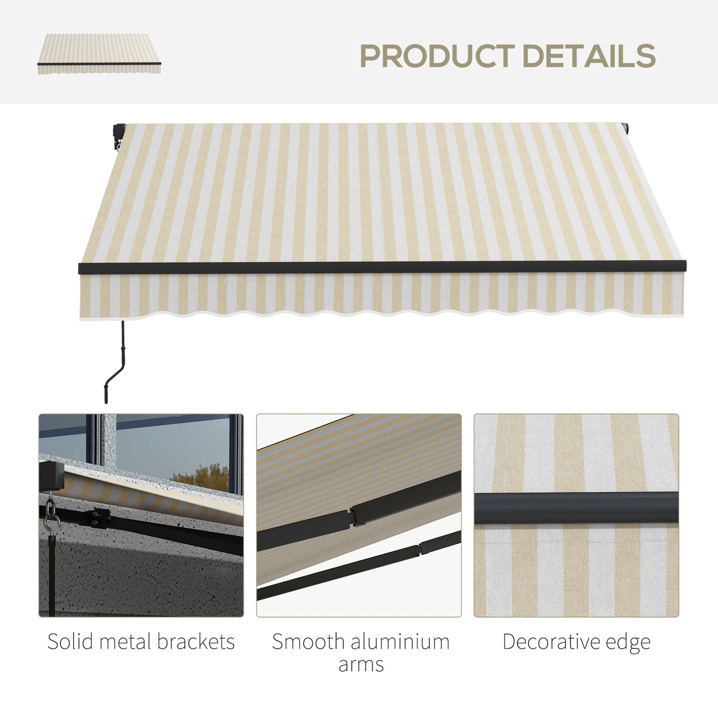 Retractable awning with beige and white vertical stripes featuring a decorative scalloped edge