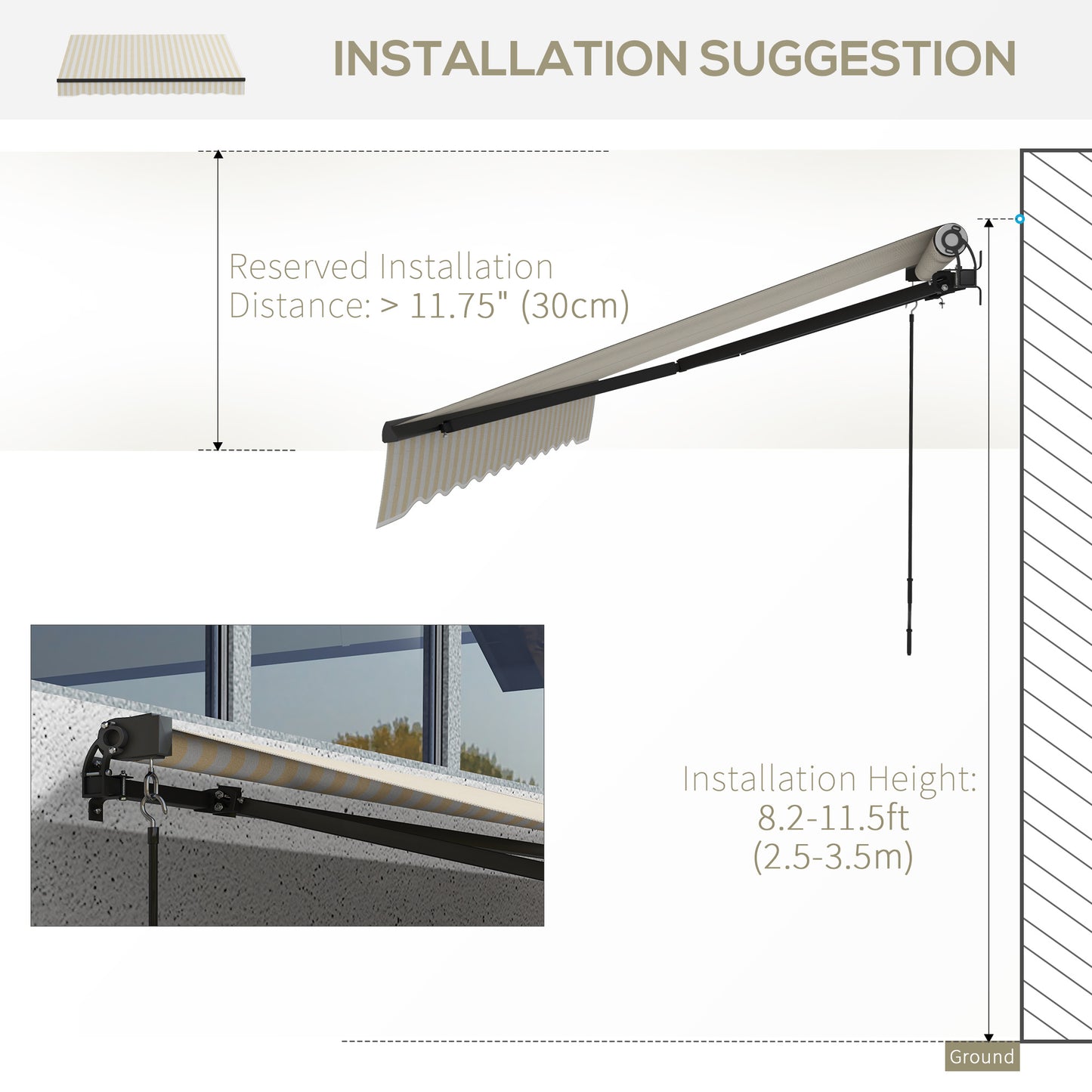 Retractable awning with beige and white striped fabric and black metal frame showing installation height suggestion