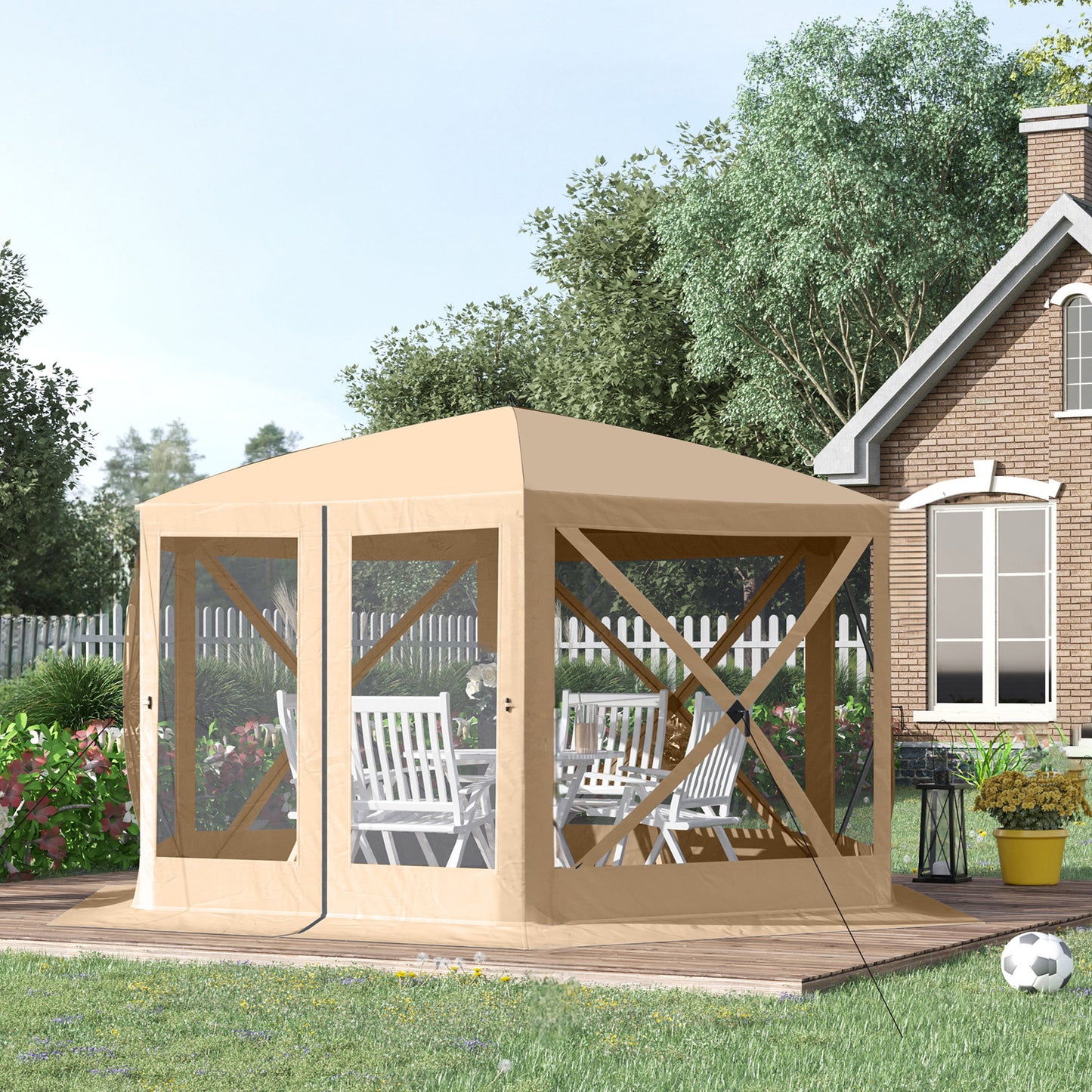 Beige outdoor canopy gazebo with mesh walls and seating for garden relaxation