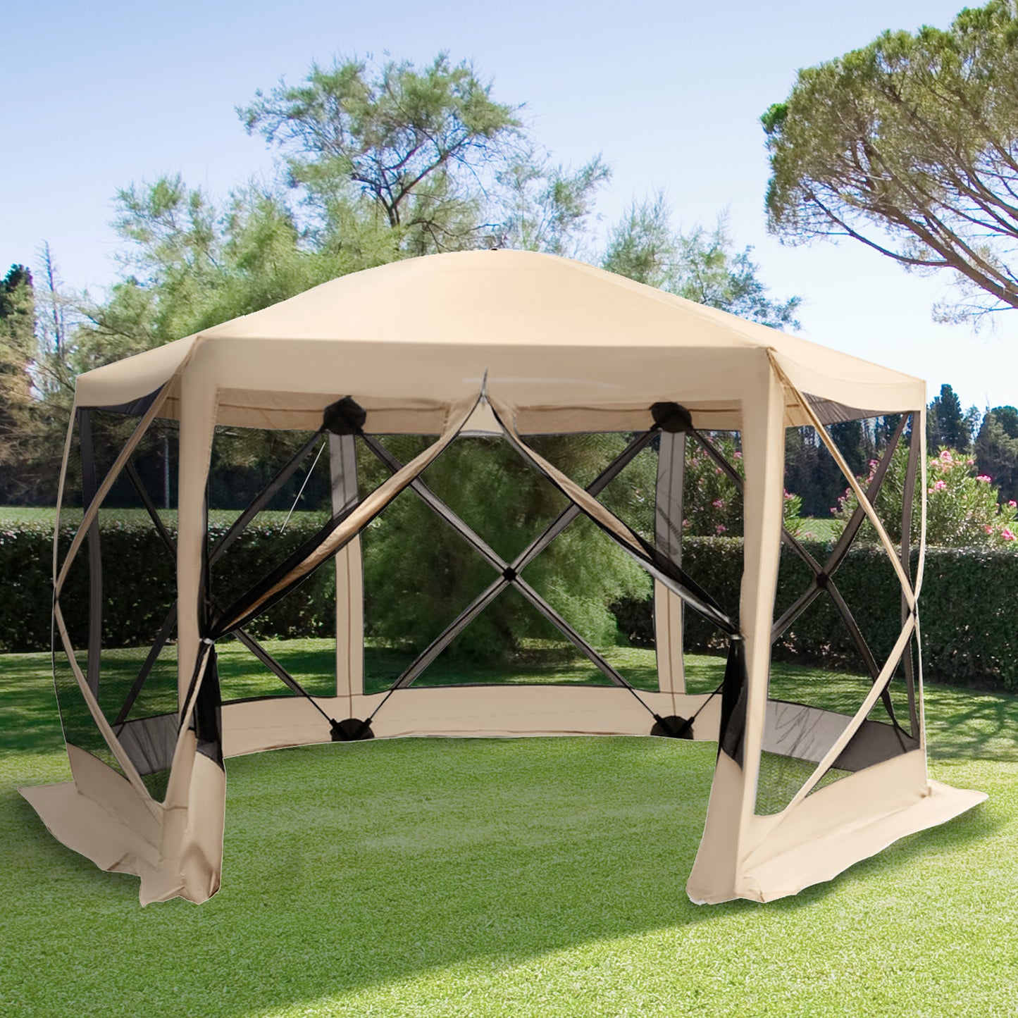 Beige popup gazebo with mesh sides and a sturdy frame set up on green grass