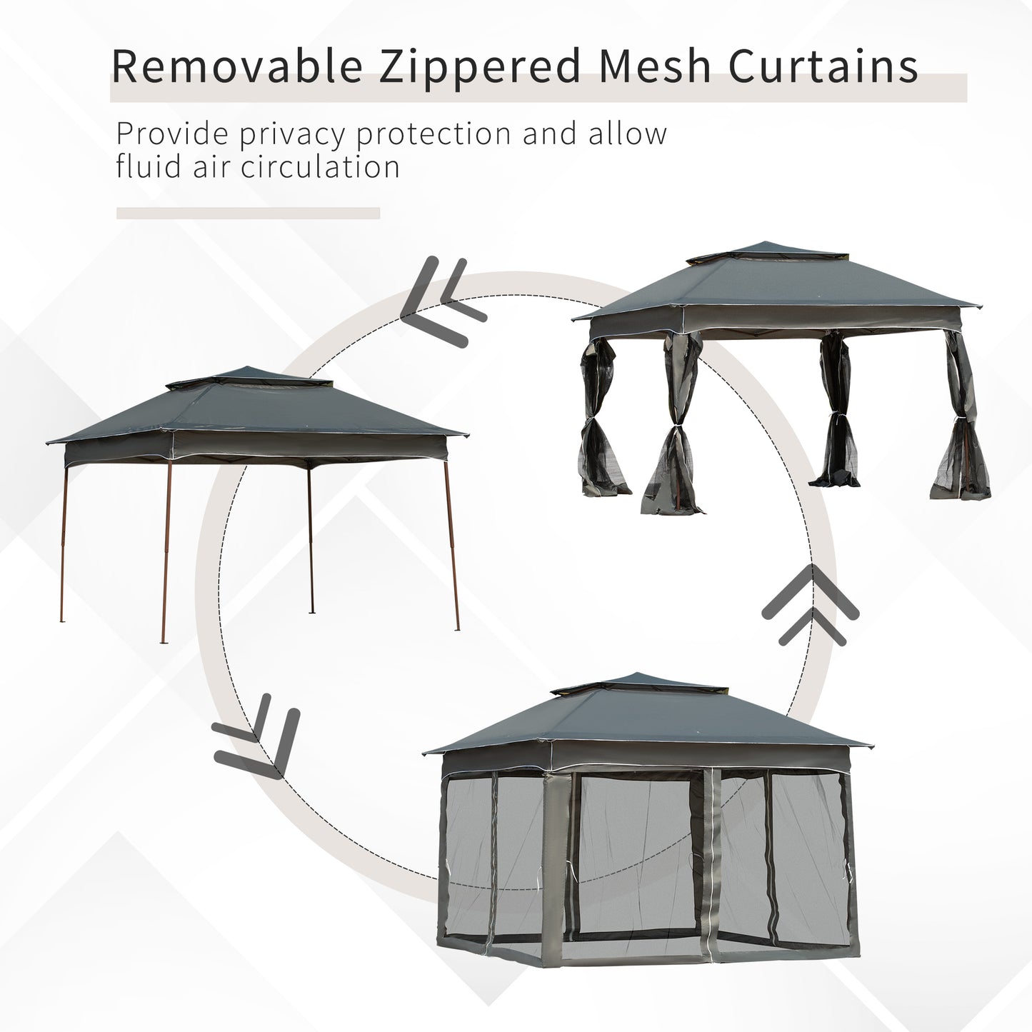 Dark grey zippered mesh gazebo curtains offer privacy protection and air circulation for outdoor living