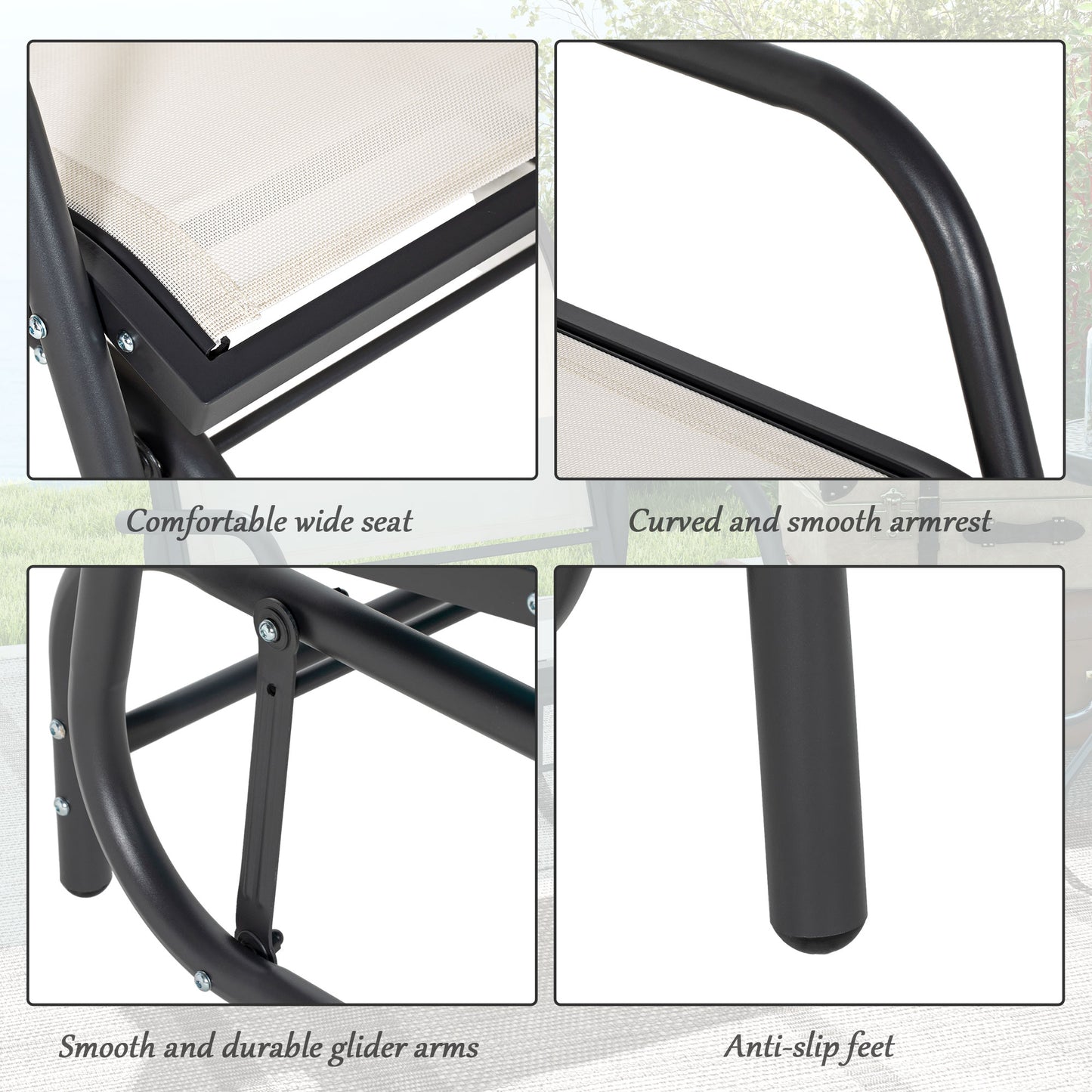 Closeup of a cream mesh fabric seat with black metal frame accentuating a comfortable wide seat