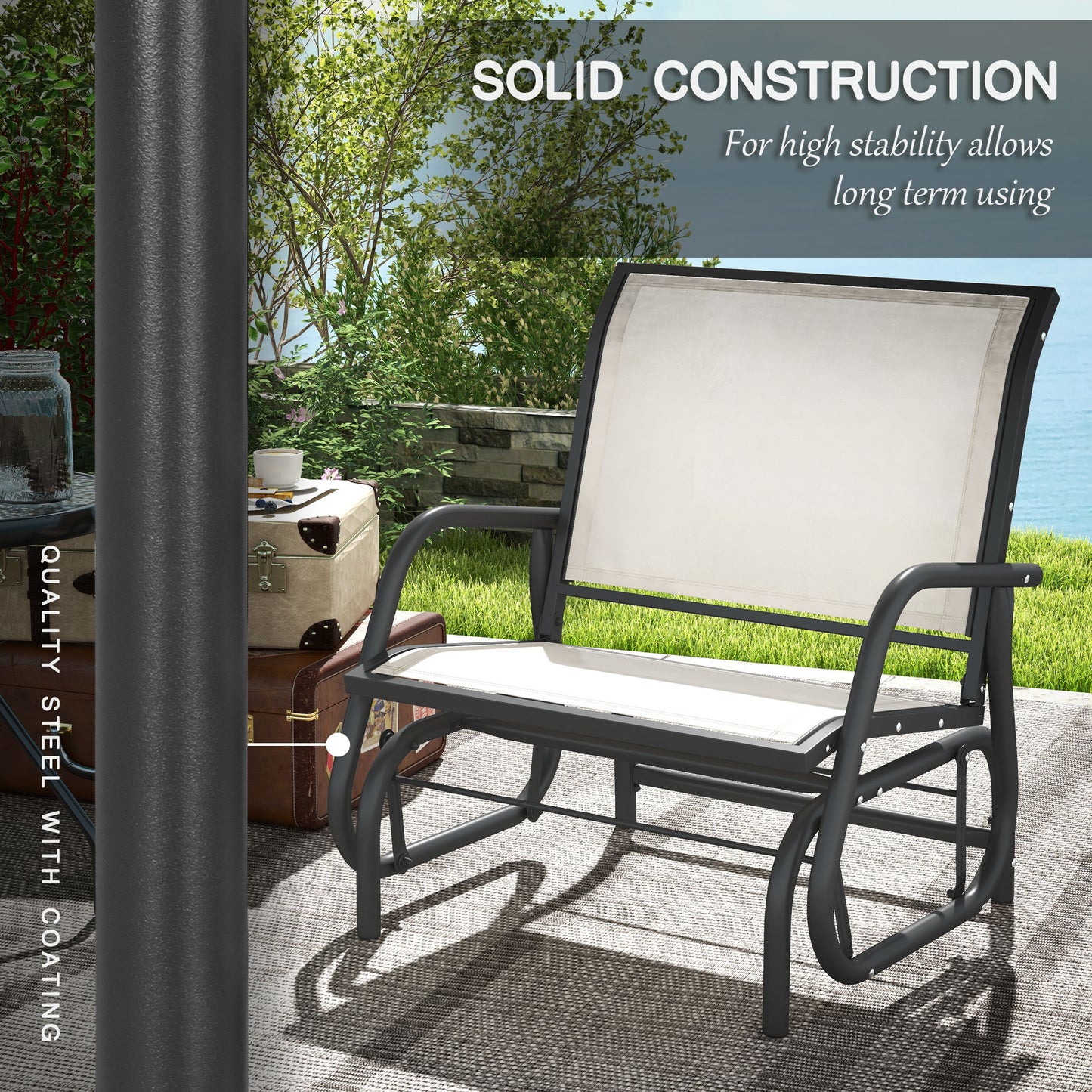 Gray metal outdoor glider bench with white fabric cushions perfect for patios
