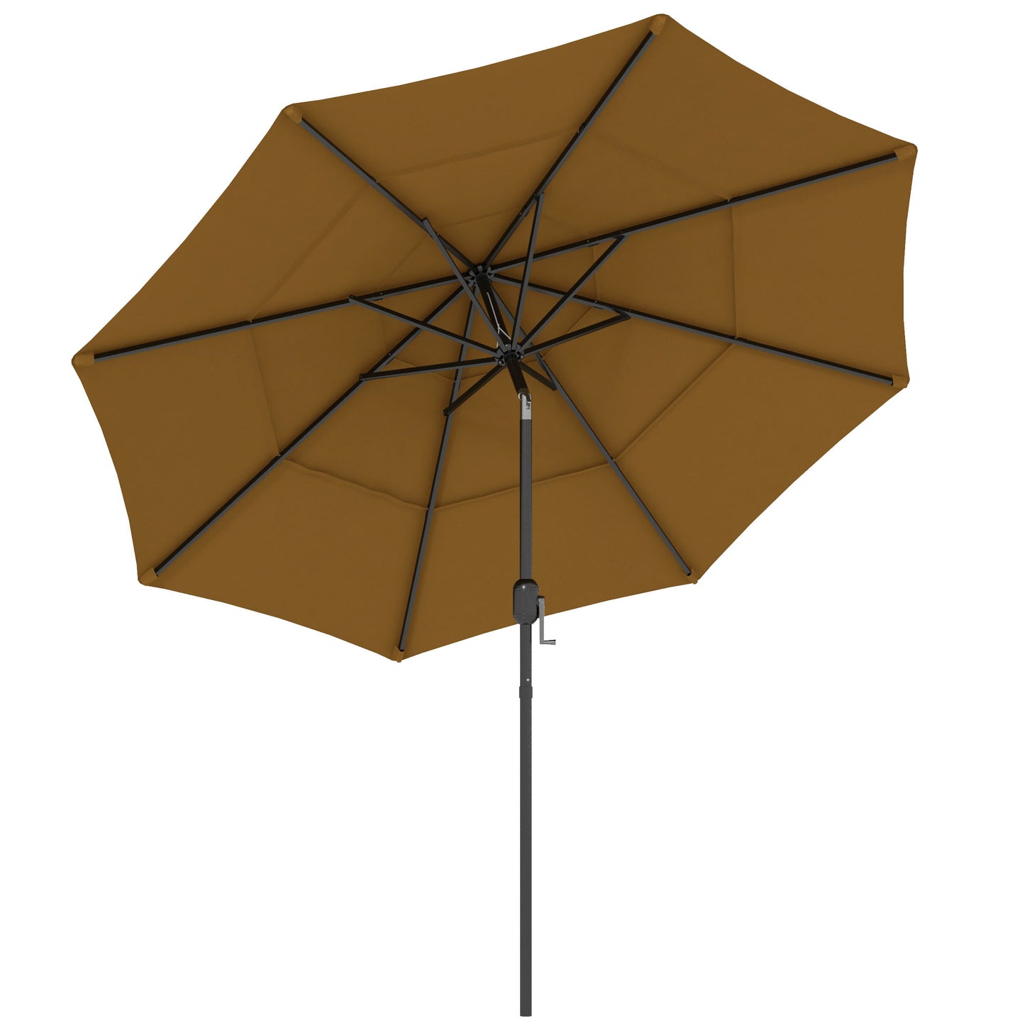 Brown outdoor patio umbrella with black metal frame and crank mechanism for easy opening