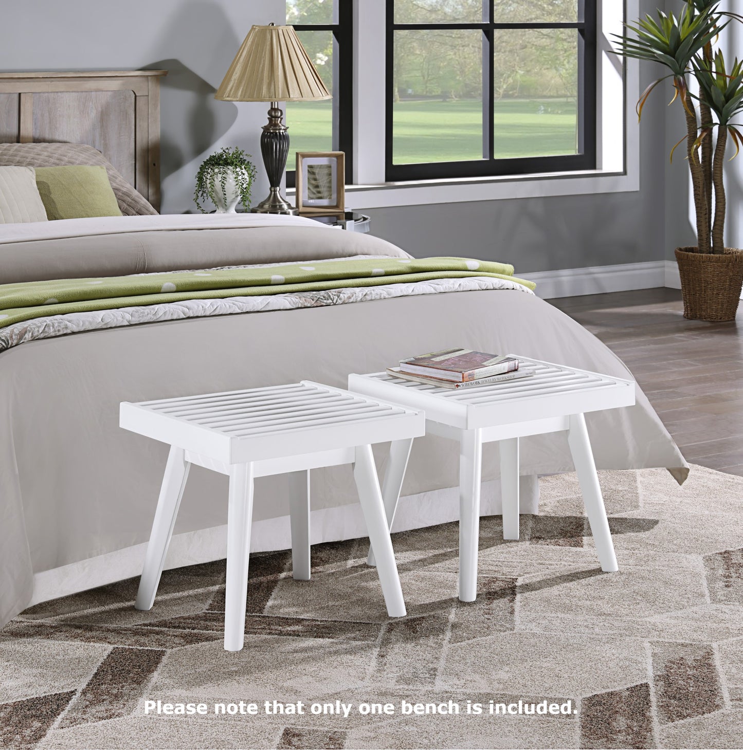 White slatted accent bench with tapered legs