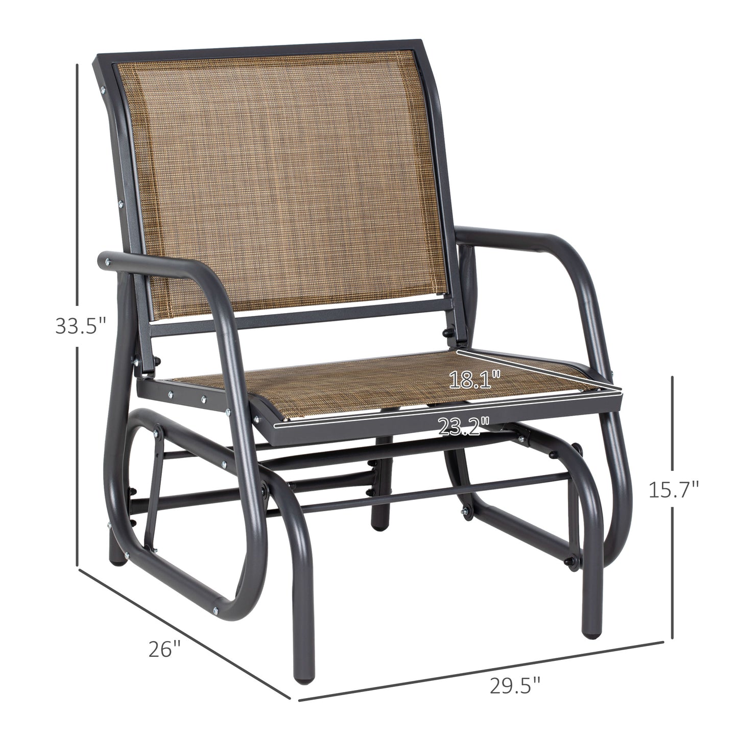Gray metal glider chair with brown mesh seat and back featuring dimension labels