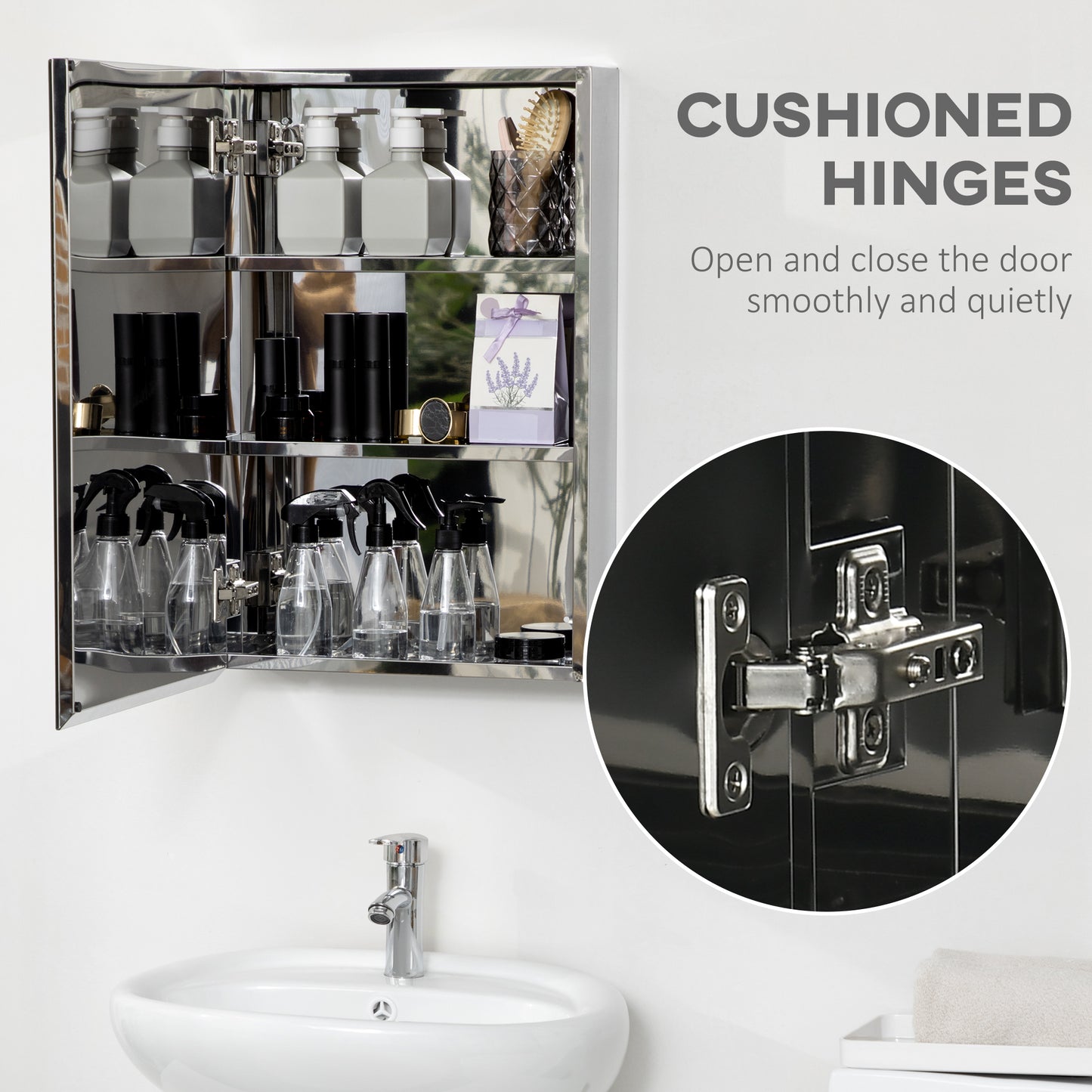 Silver stainless steel medicine cabinet with mirrored doors and cushioned hinges