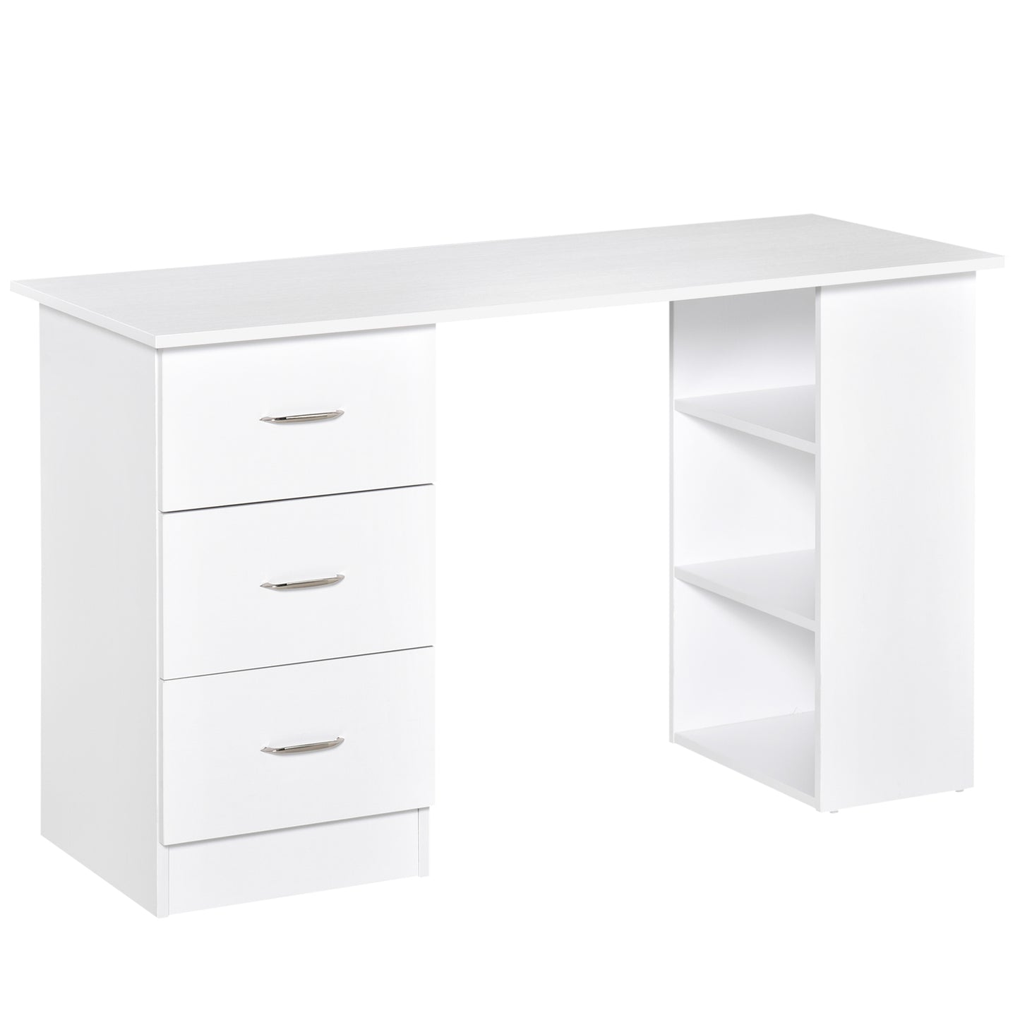 White modern writing desk with three drawers and open shelving