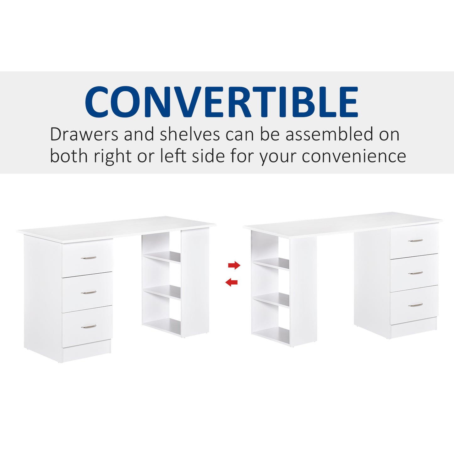 White convertible desk with drawers on left and shelves on right