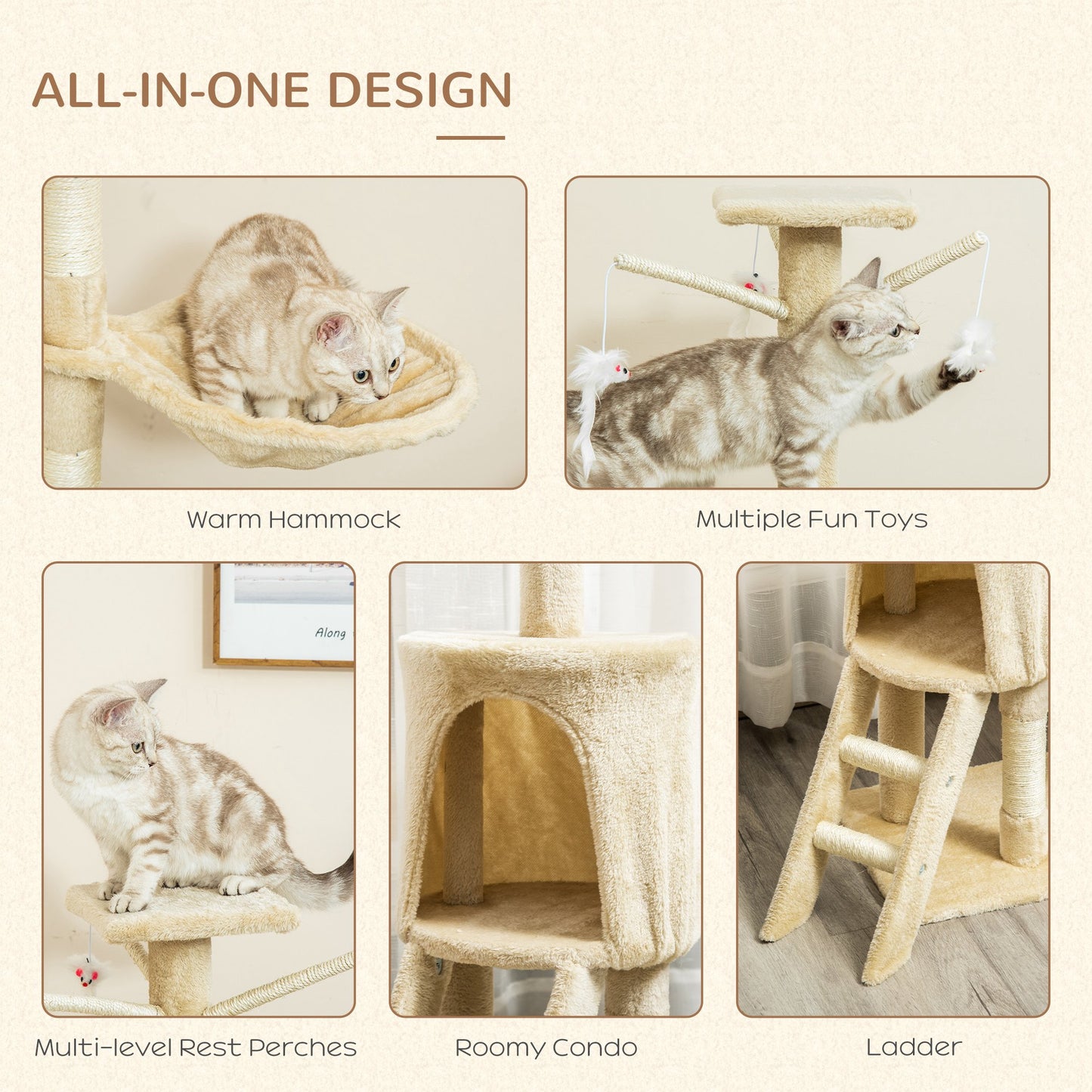 Fluffy cat relaxing in a cozy hammock on a multilevel cat tree