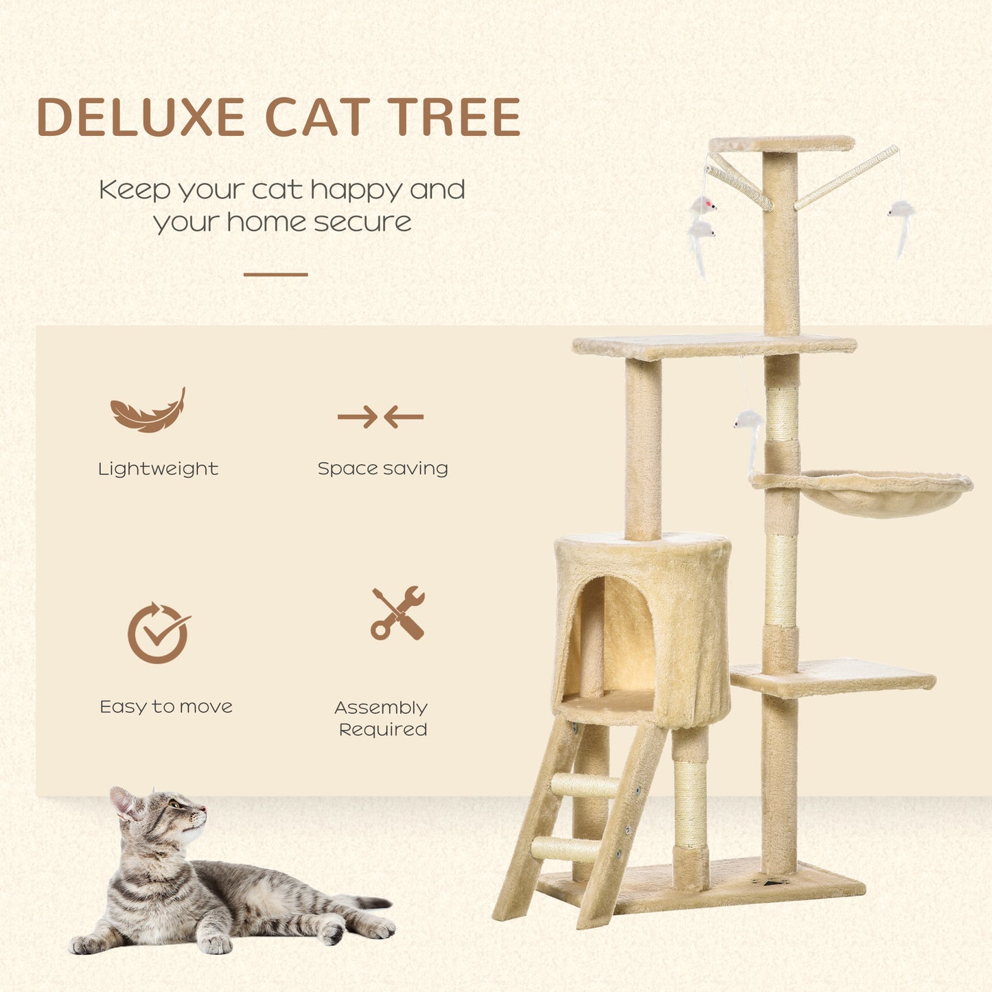 Beige plush cat tree with multiple platforms and hanging toys for feline enrichment